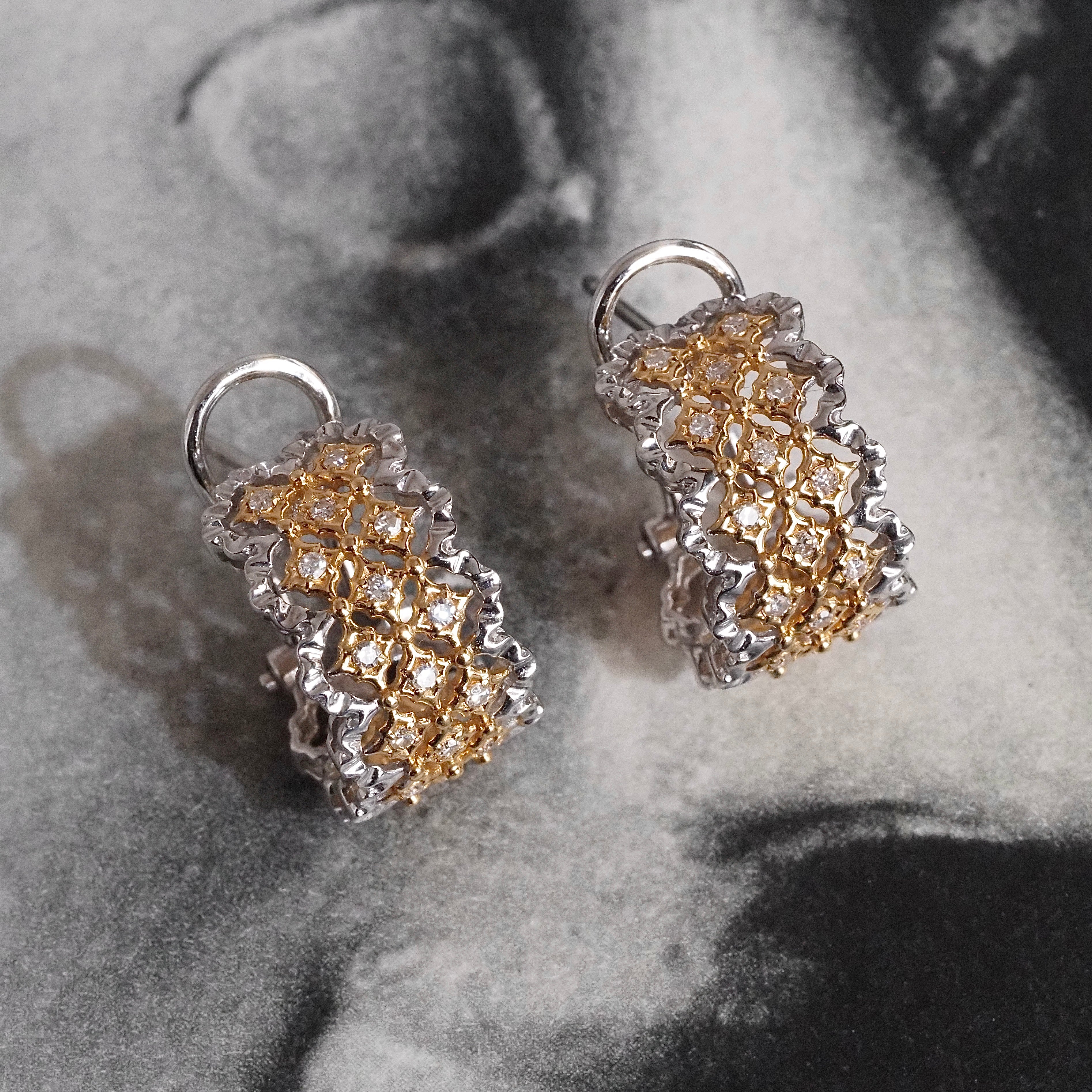 Vintage Diamond Lacey 18k White and Yellow Gold Huggie Hoop Earrings