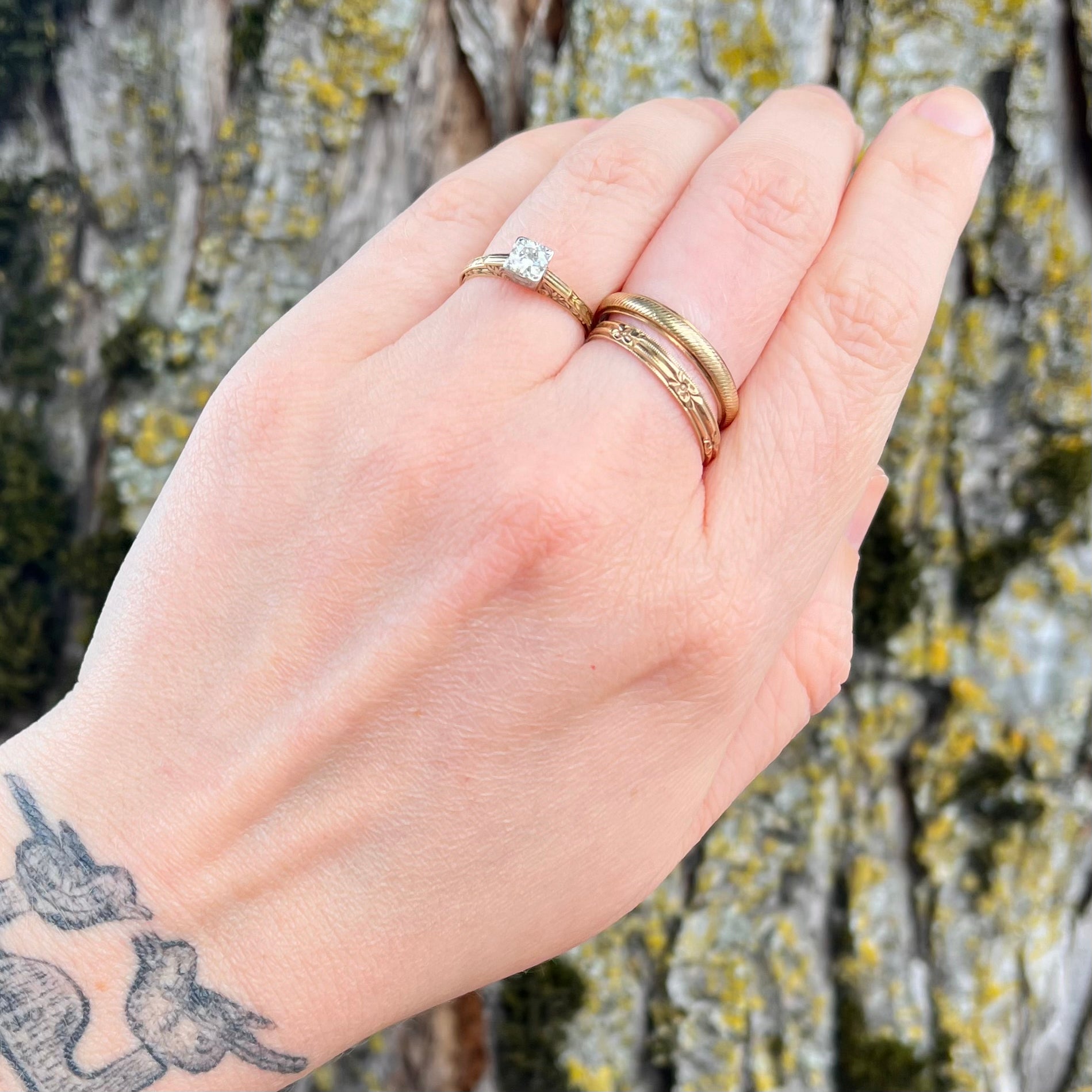 Art Deco 14k White and Yellow Gold Old European Cut Diamond Engagement Ring