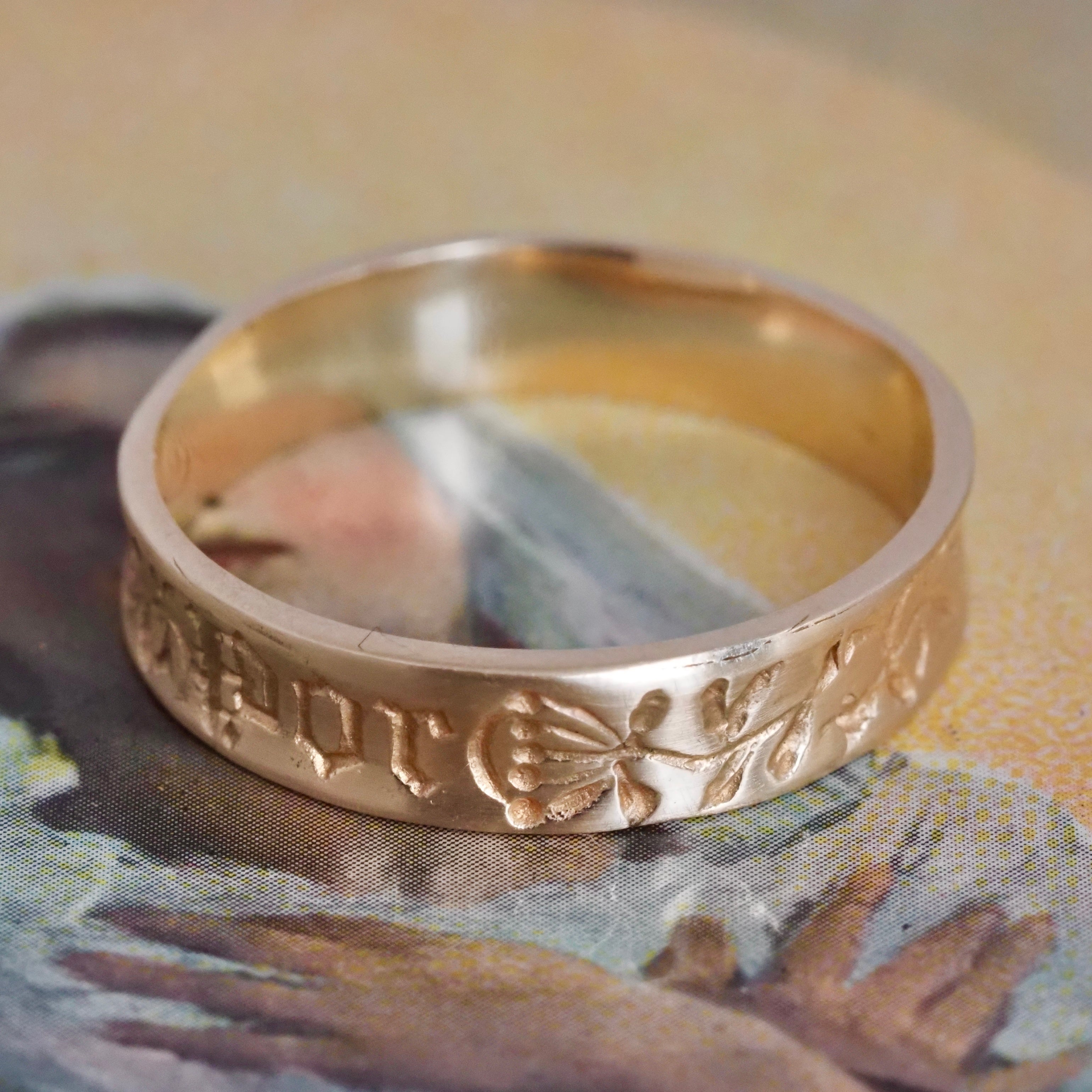 French "Por Tous Itours/For All Times" Engraved 14k Gold Posy Ring