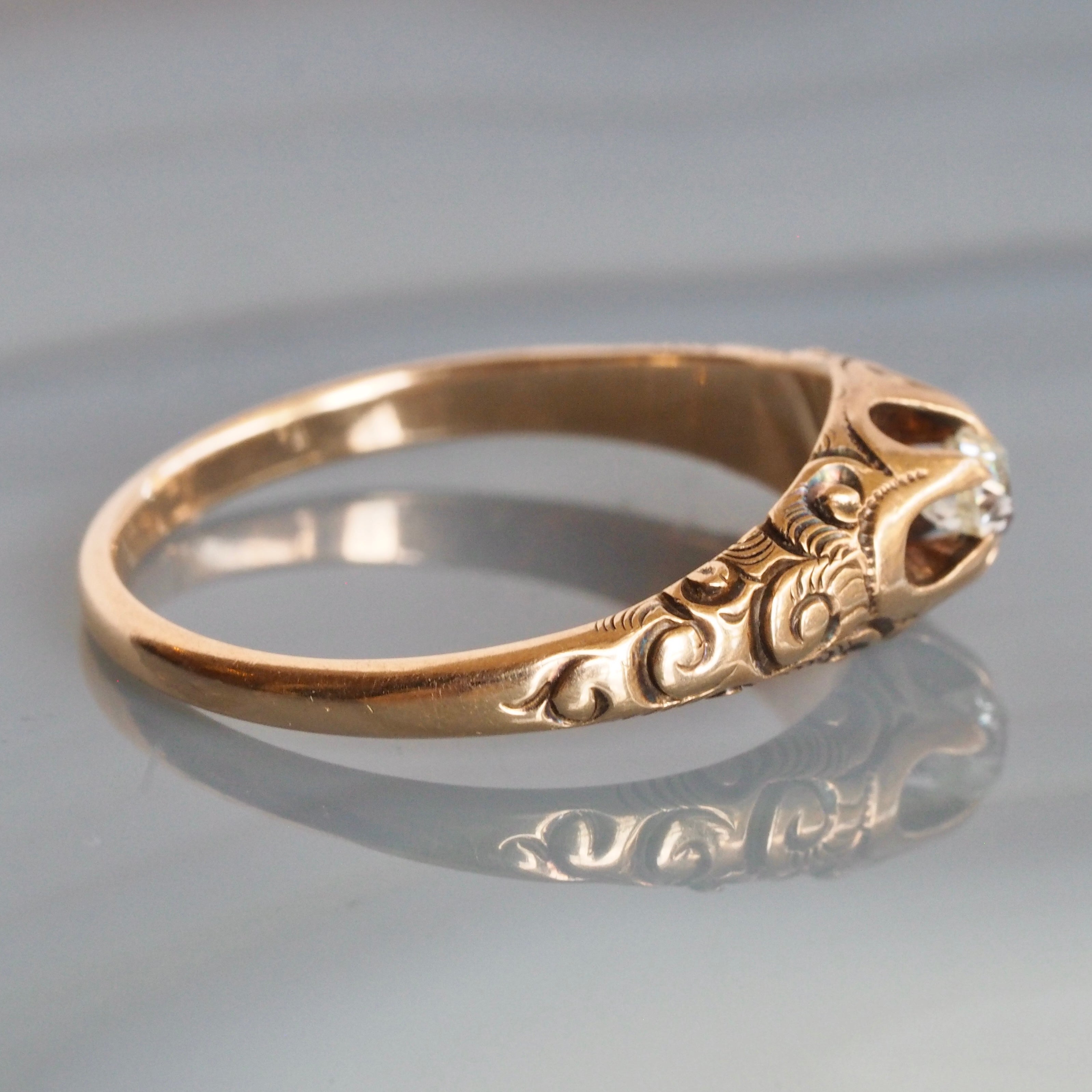Antique Victorian 14k Gold Old Mine Cut Diamond Belcher Set Ring