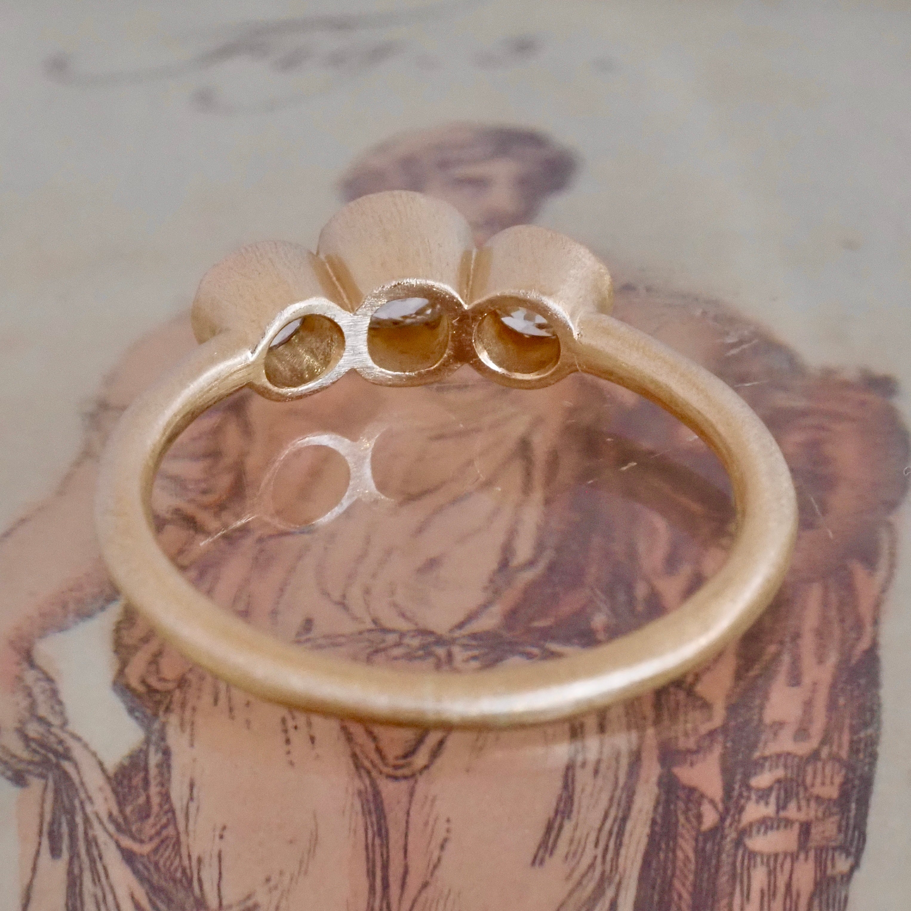 Old Mine Cut and Old European Cut Diamond Trilogy 14k Gold Engagement Ring
