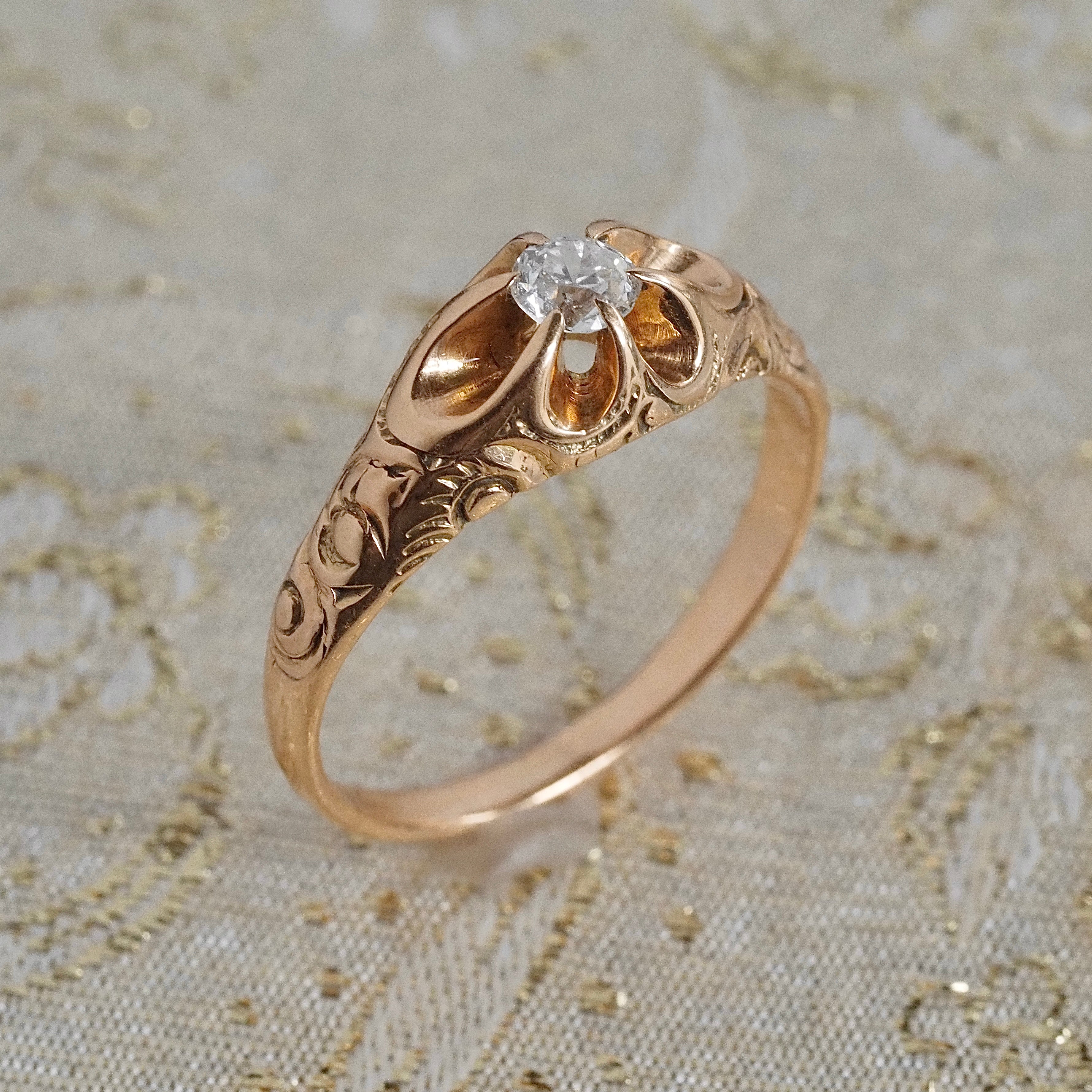Antique Old European Cut Diamond 14k Gold Engraved Belcher Set Engagement Ring