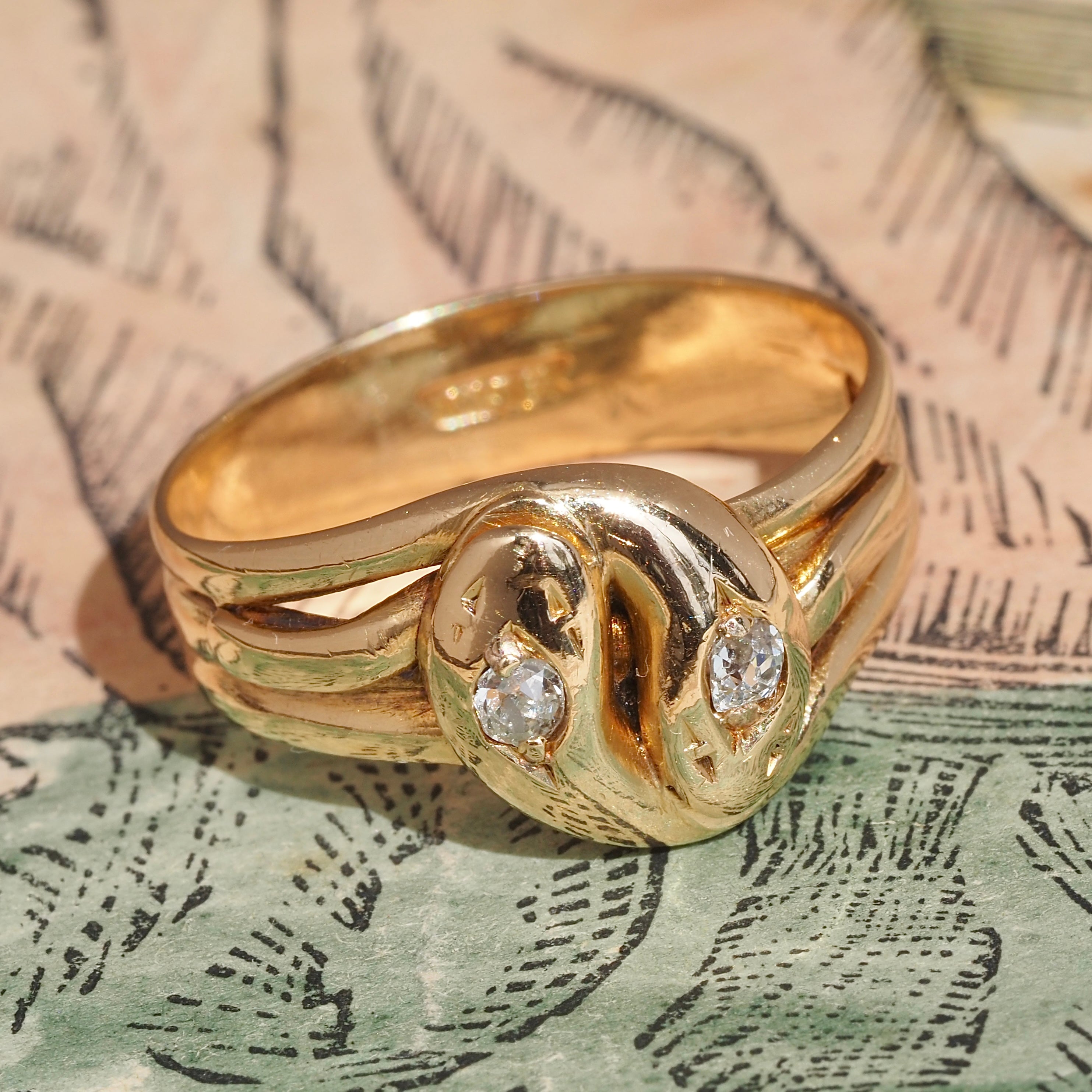 Antique English Double Snake Old Mine Cut Diamond 18k Gold Ring