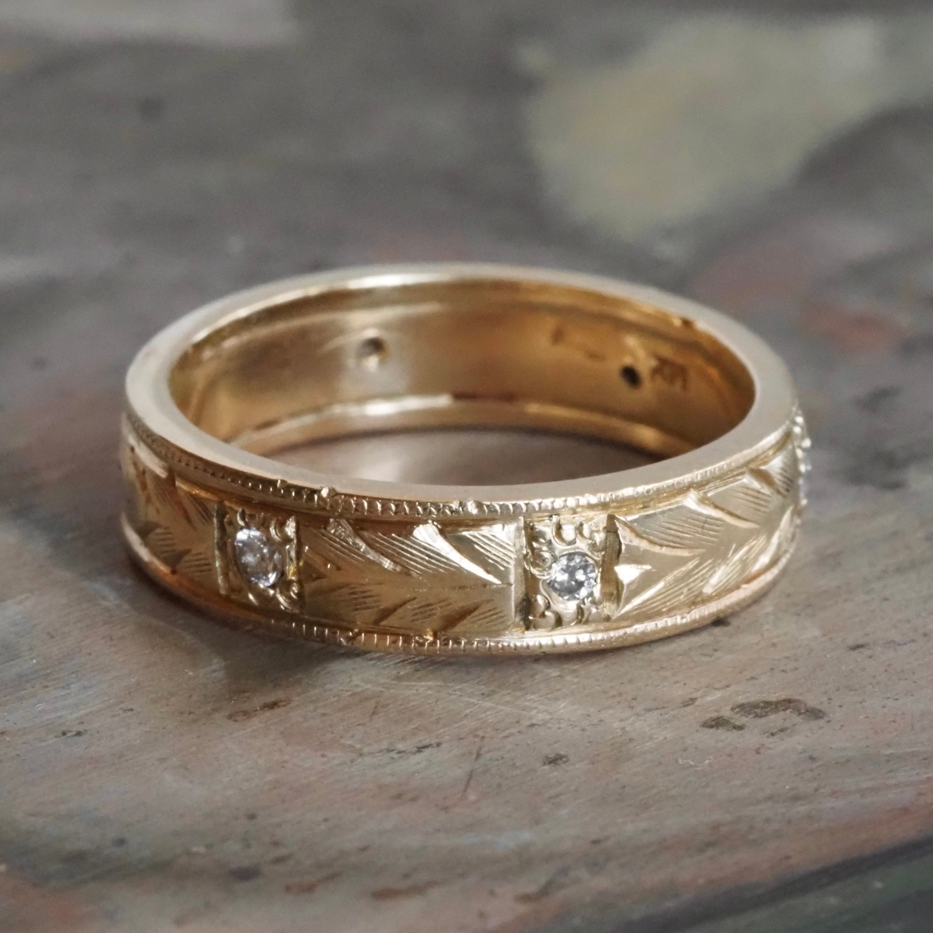 Vintage Diamond 14k Gold Engraved Band