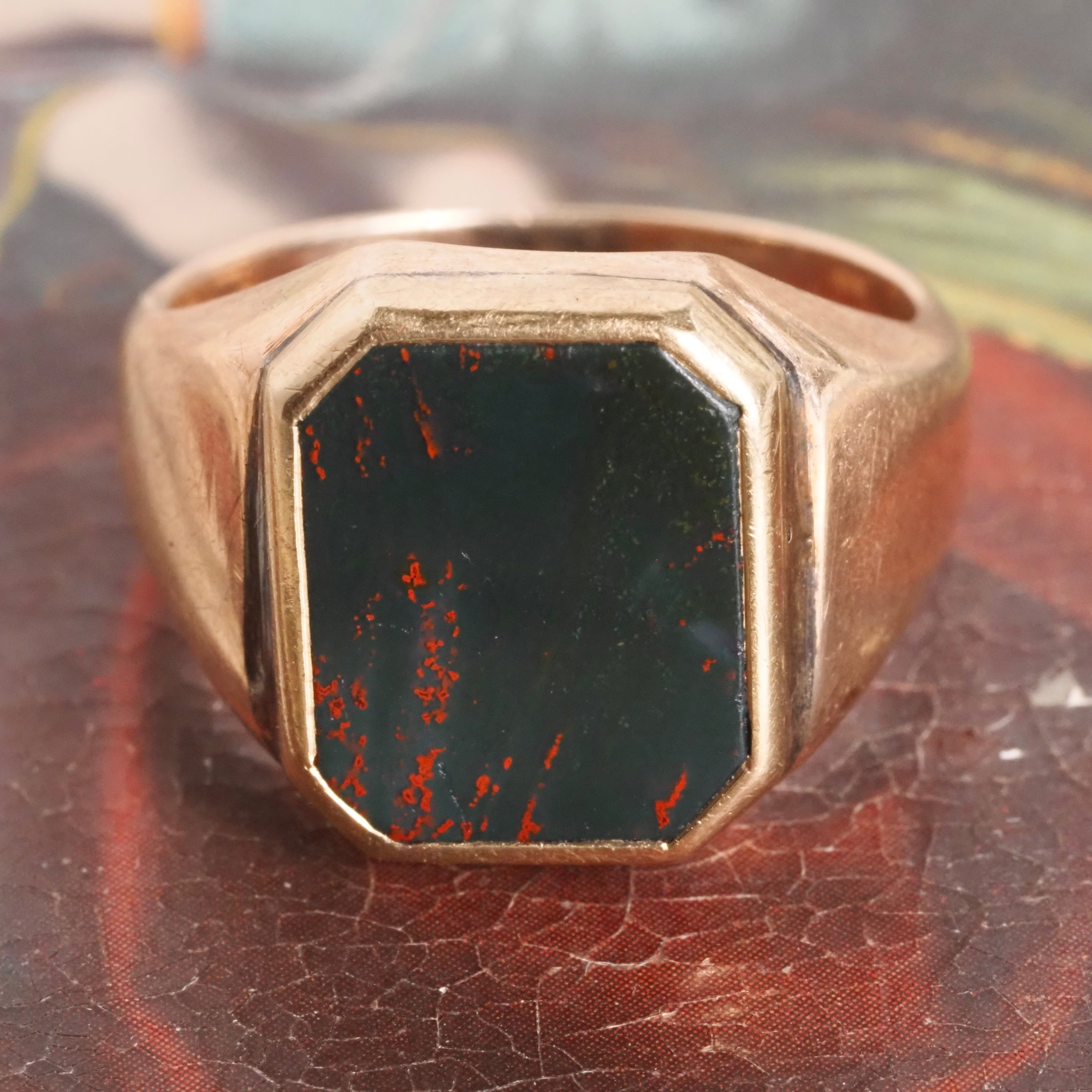 Antique Bloodstone Signet 10k Gold Ring