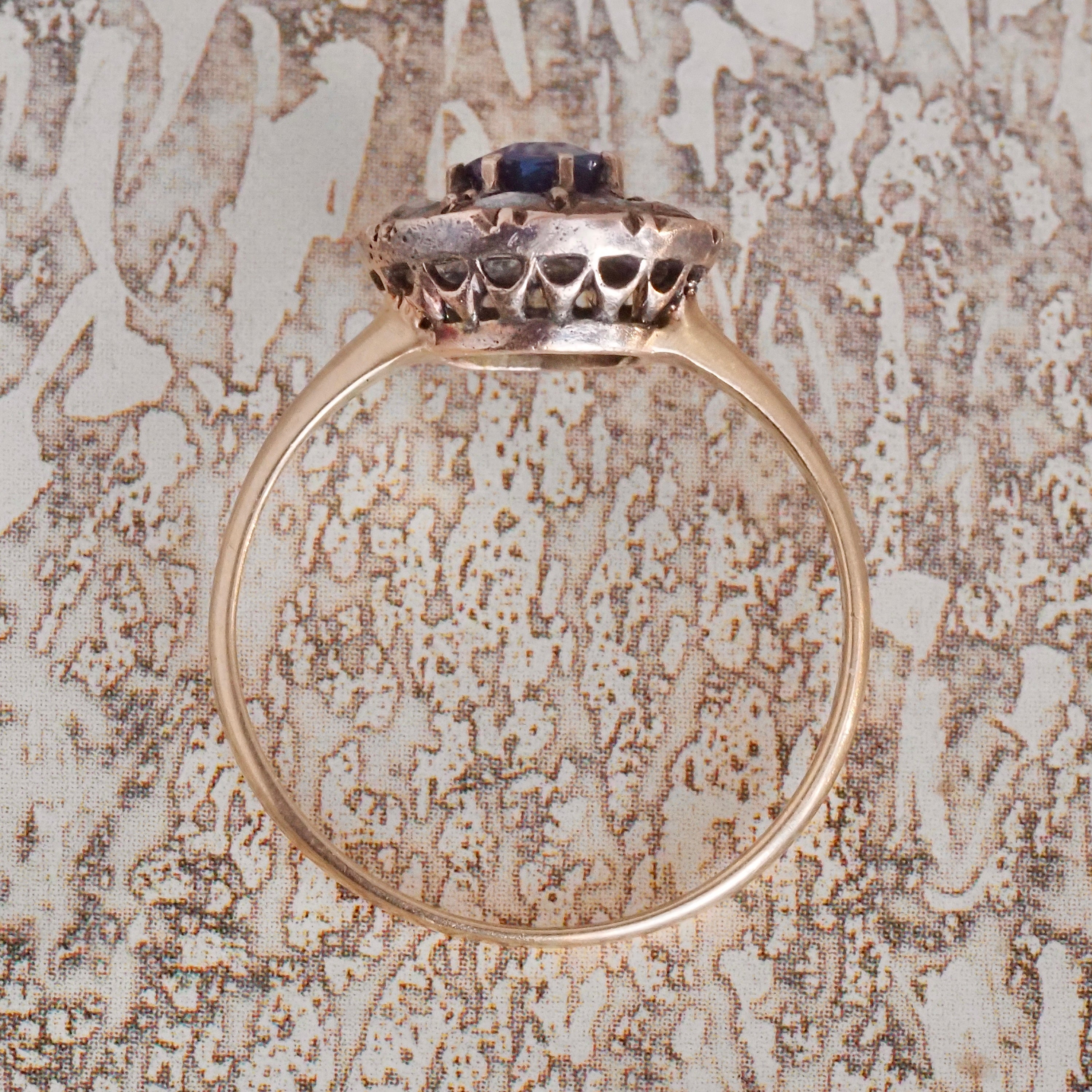 Antique Victorian Natural Sapphire and Rose Cut Diamond Halo 14k Gold Ring