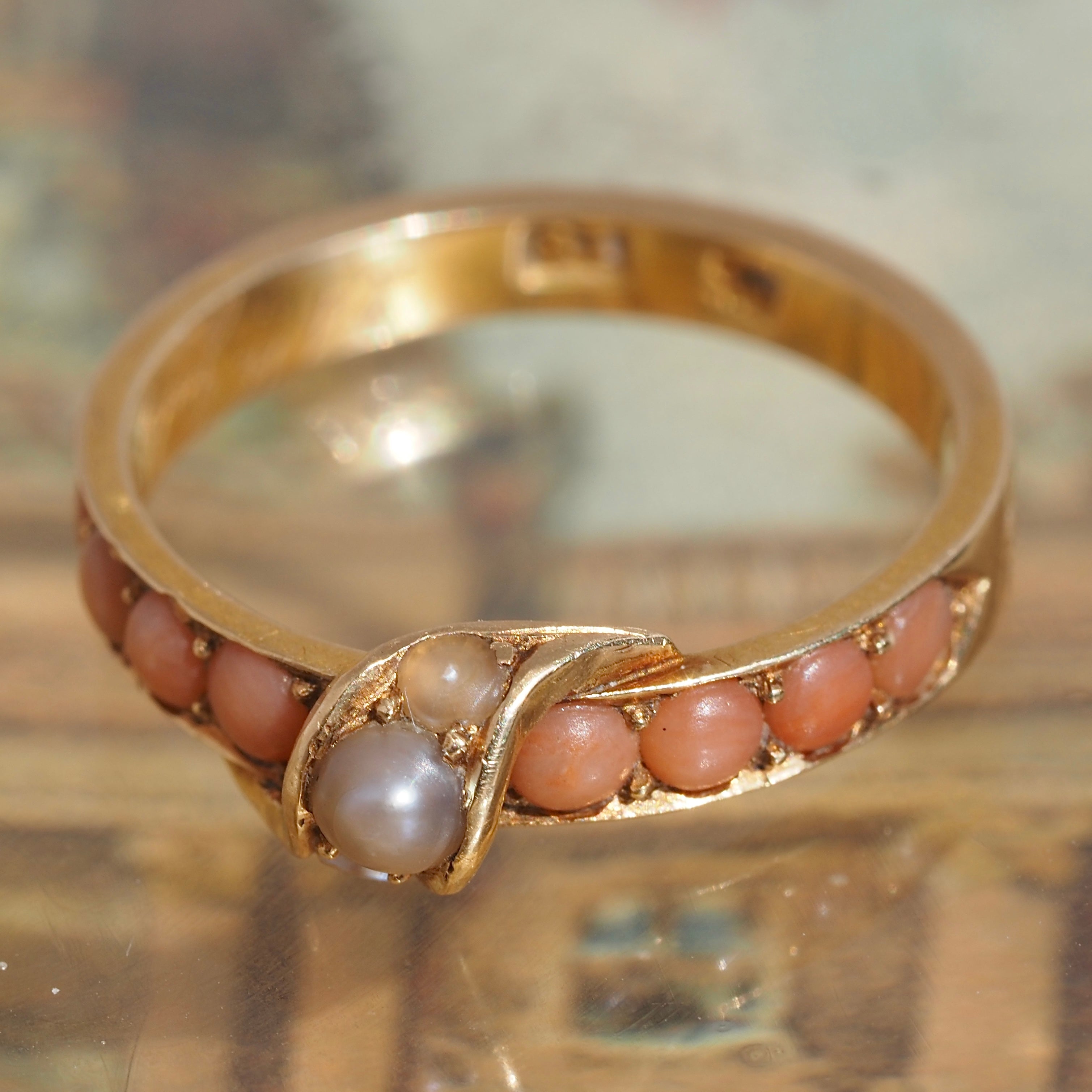 Antique Victorian c. 1867 Seed Pearl Coral 18k Gold Ring