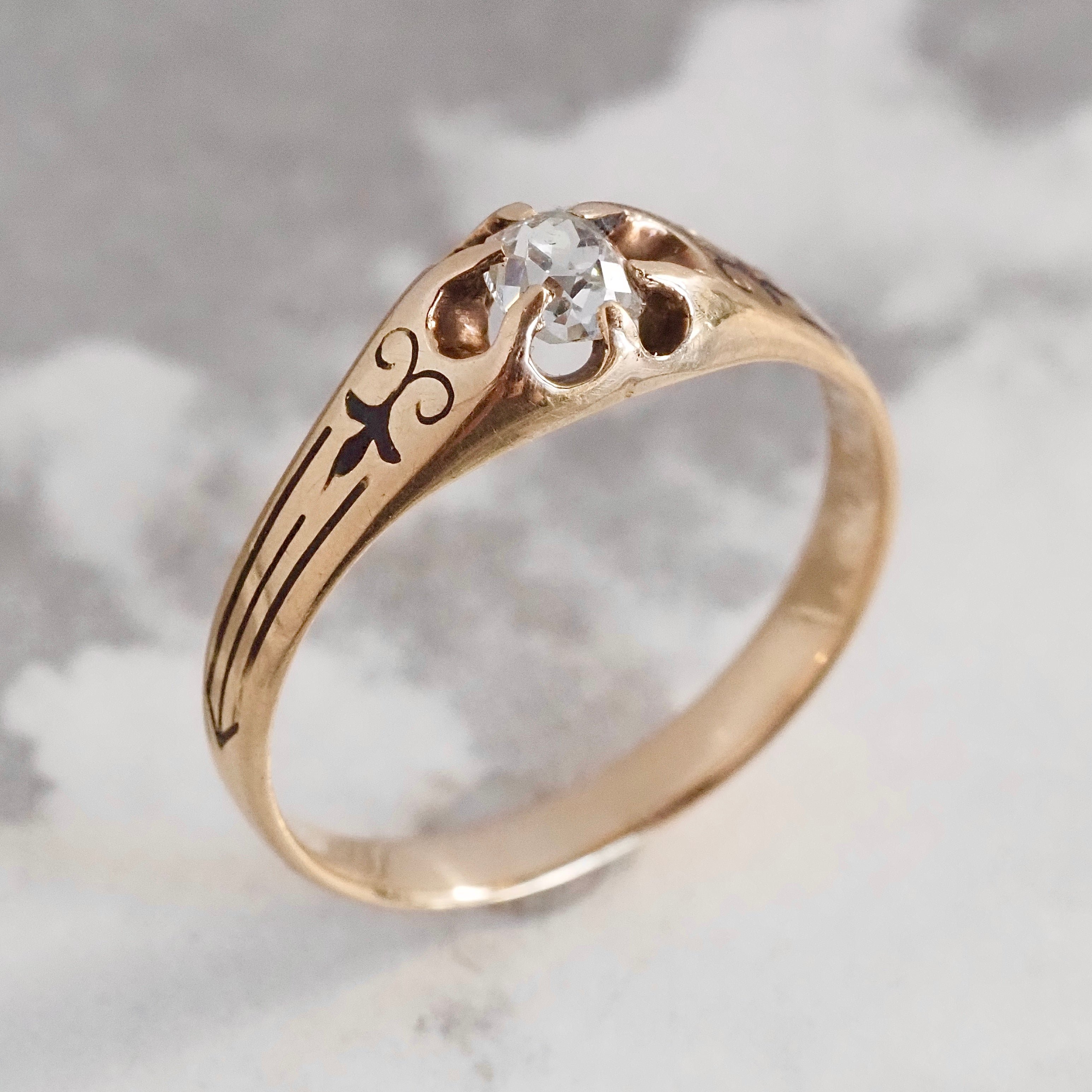 Antique Victorian Cushion Old Mine Cut Diamond Enamel 10k Gold Belcher Engagement Ring