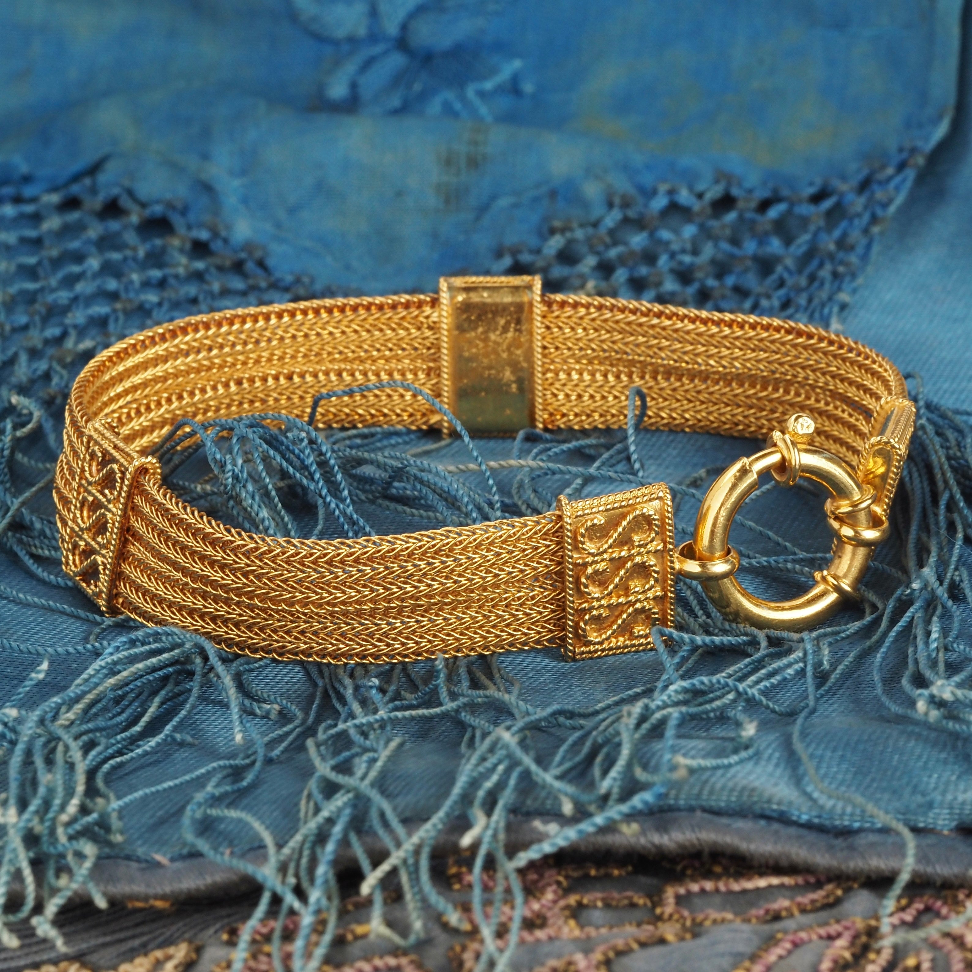 Vintage Portuguese Woven Panel 19k Gold Bracelet