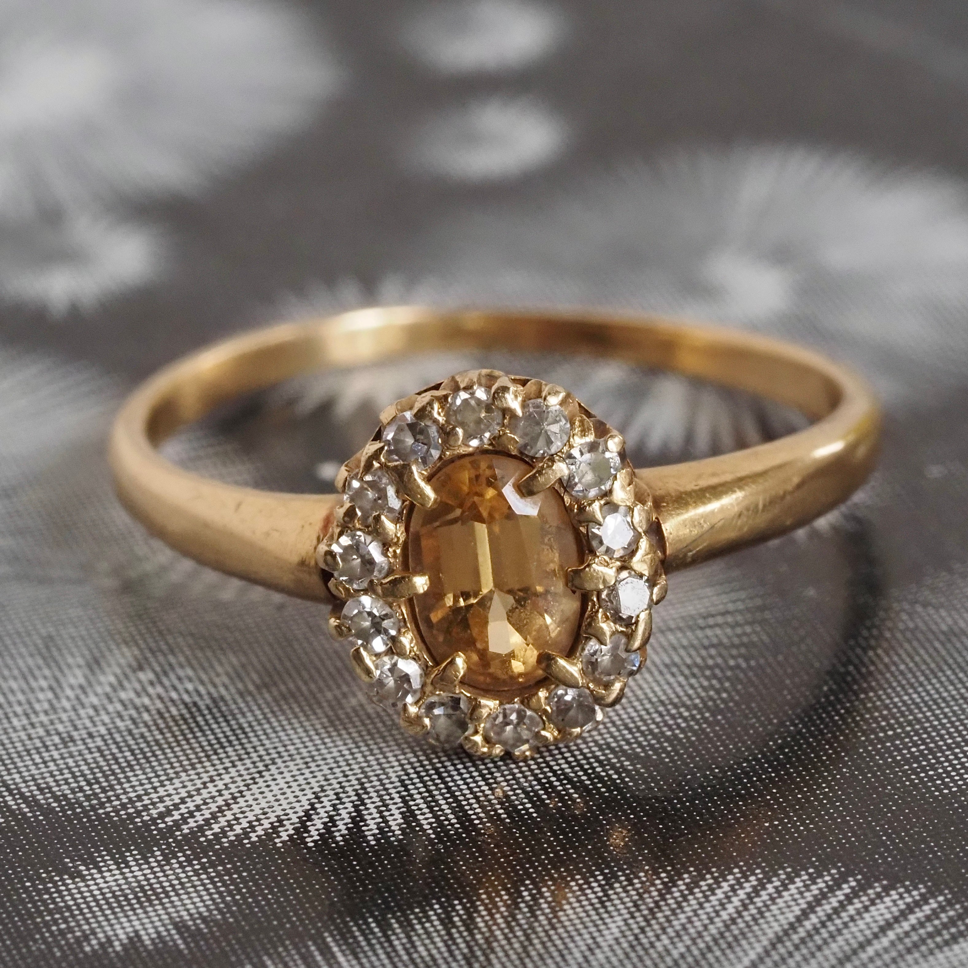 Antique Yellow Topaz and Diamond Halo 18k Gold Ring