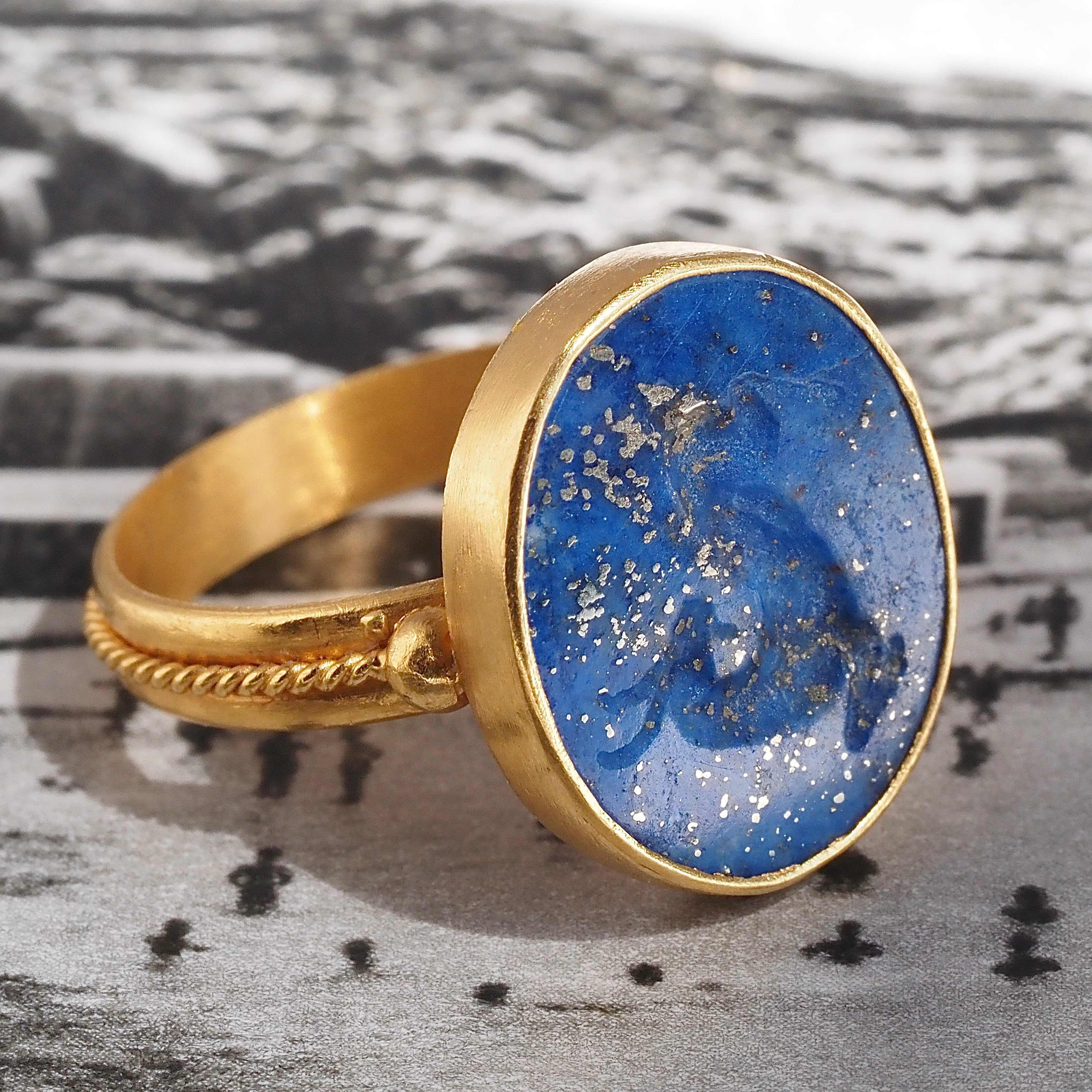 Vintage 22k Gold Lapis Goat Intaglio Ring