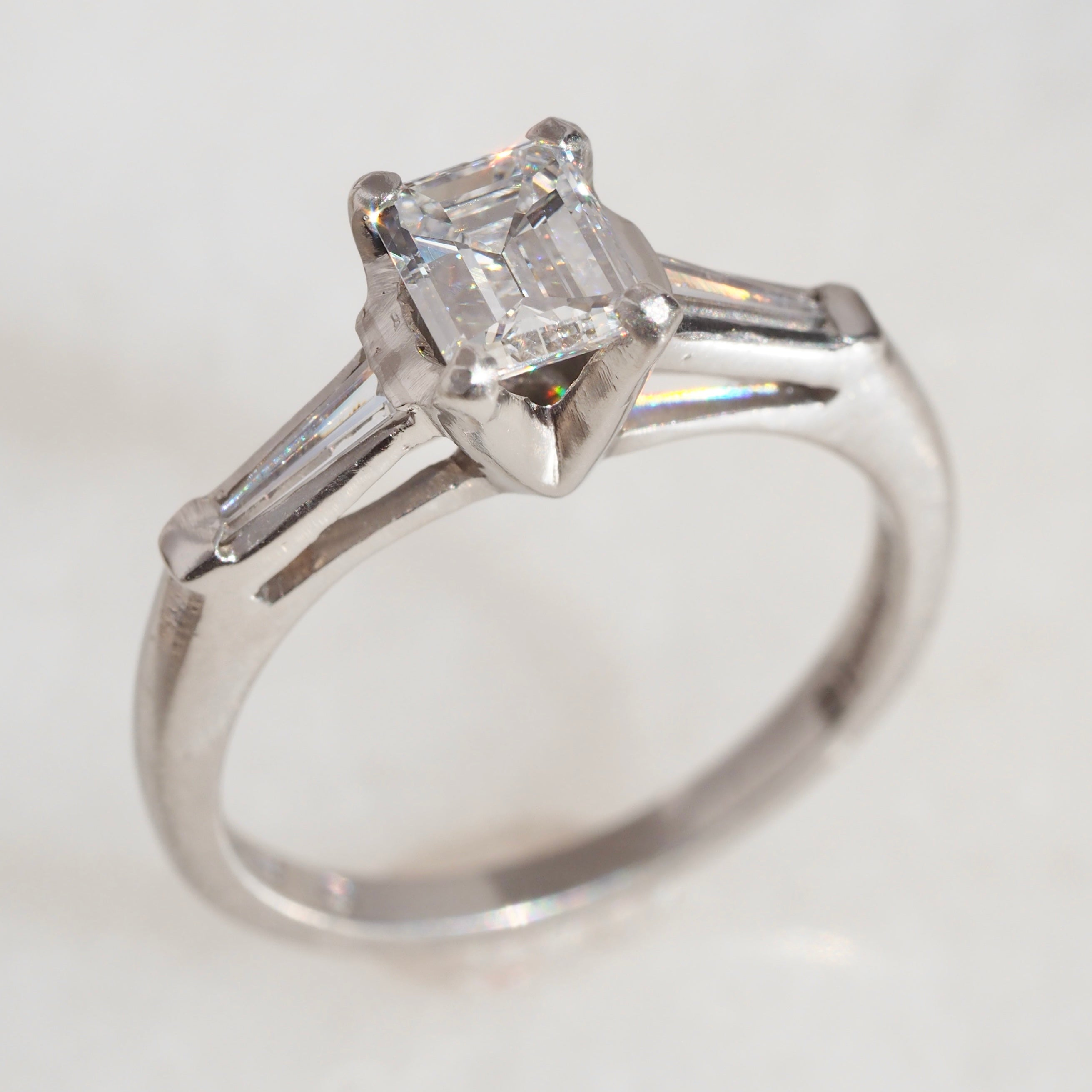 Vintage Platinum Emerald Cut & Tapered Baguette Diamond Engagement Ring
