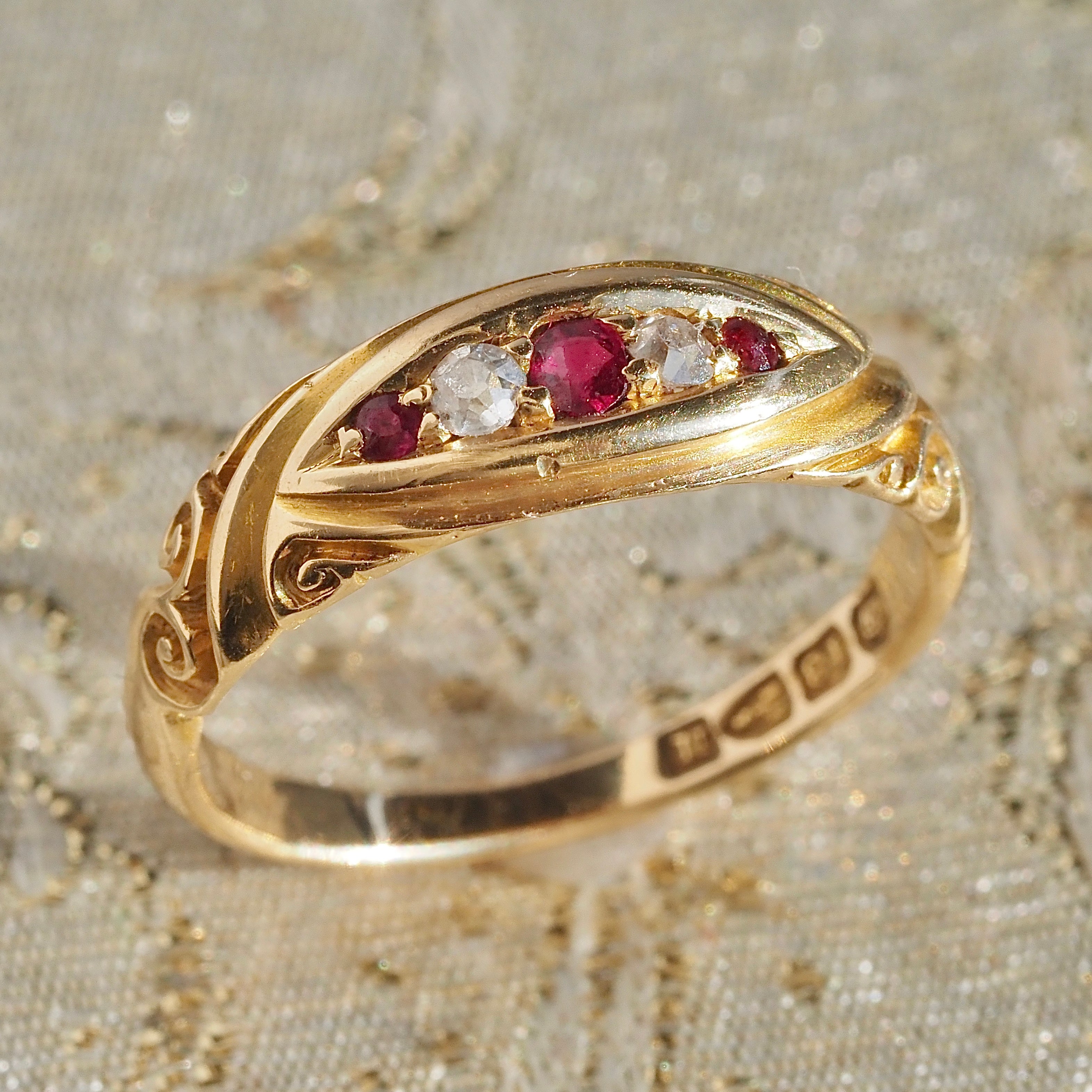 Antique English c. 1895 Old Mine Cut Diamond and Ruby Boat Ring