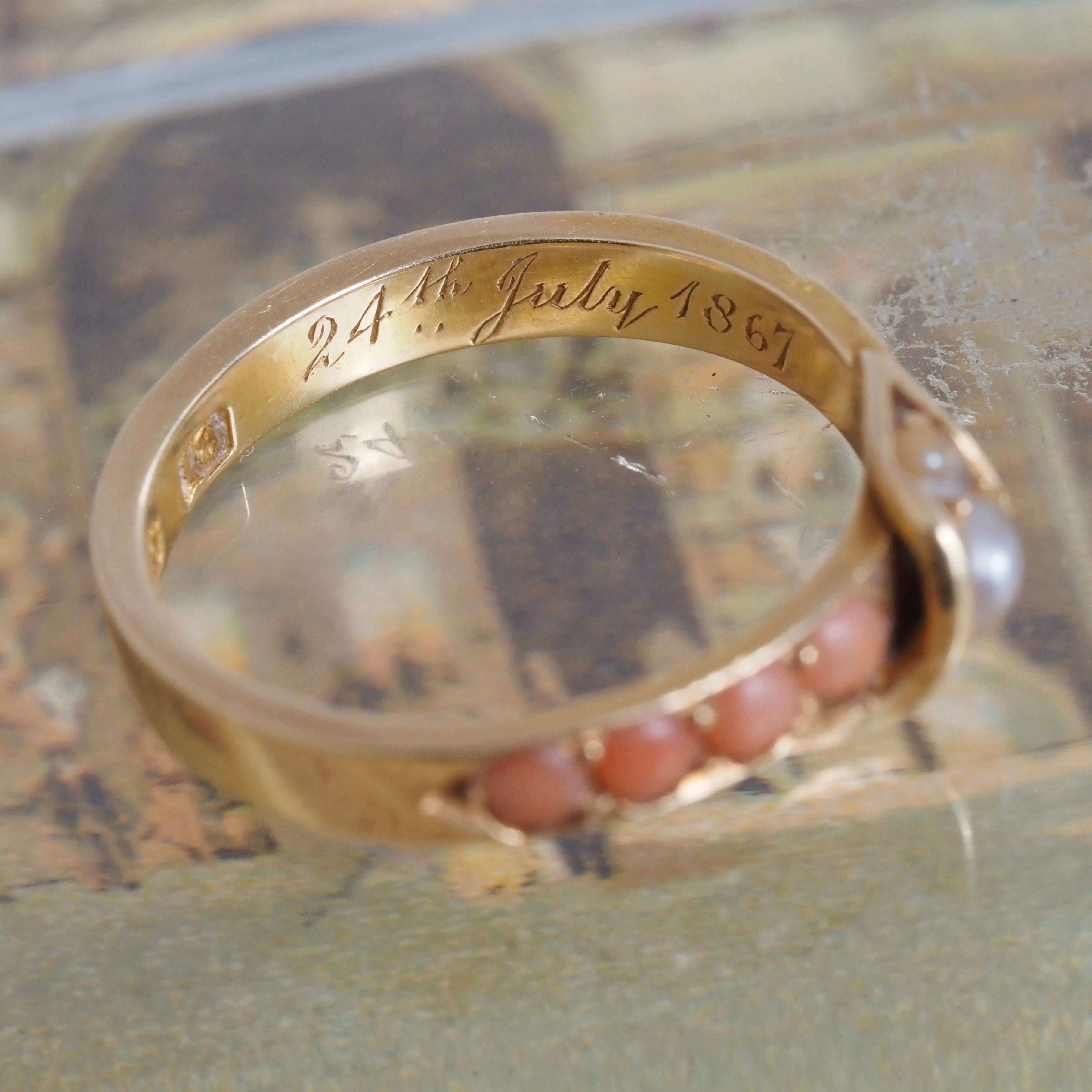 Antique Victorian c. 1867 Seed Pearl Coral 18k Gold Ring