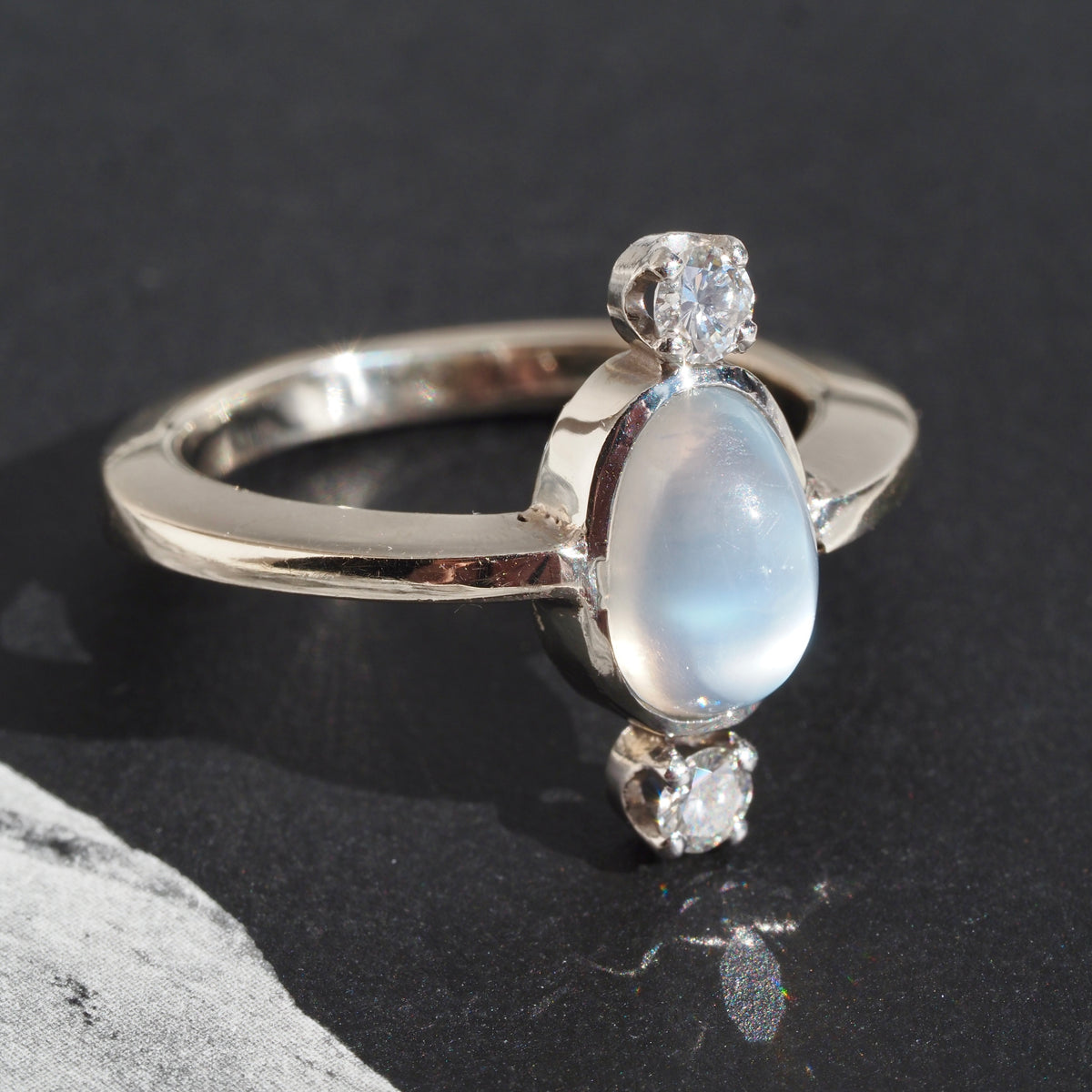 Antique Victorian Moonstone Diamond Palladium and 14k White Gold Ring