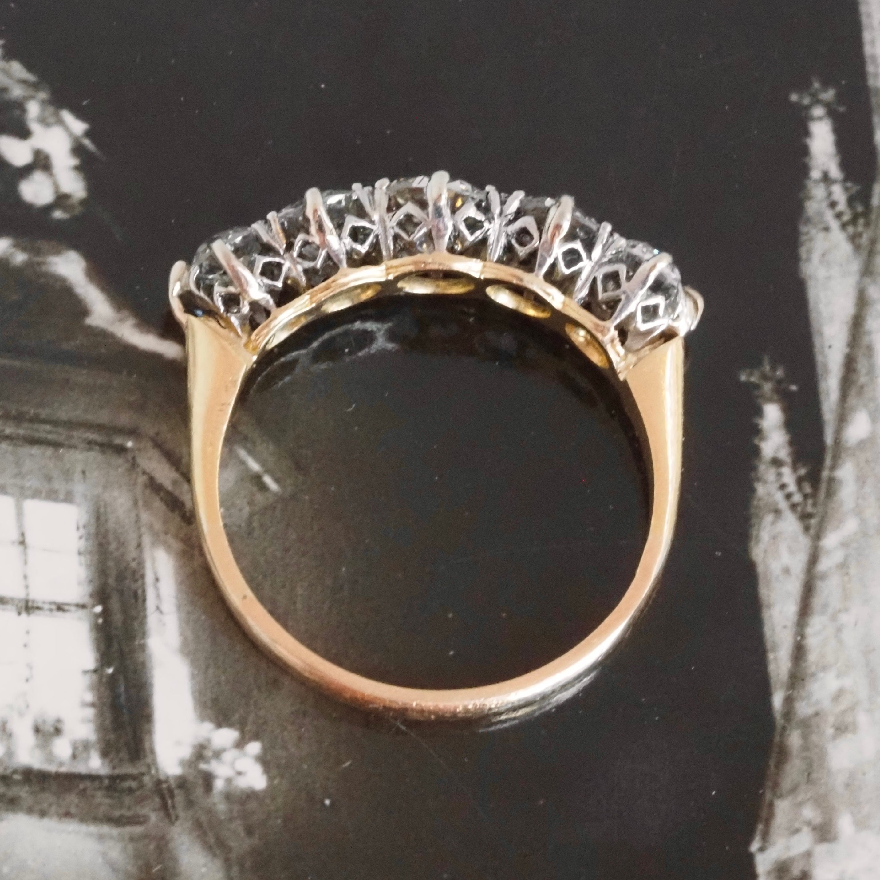 Mid Century Five Stone Old European and Transitional Cut Diamond 14k Gold Ring