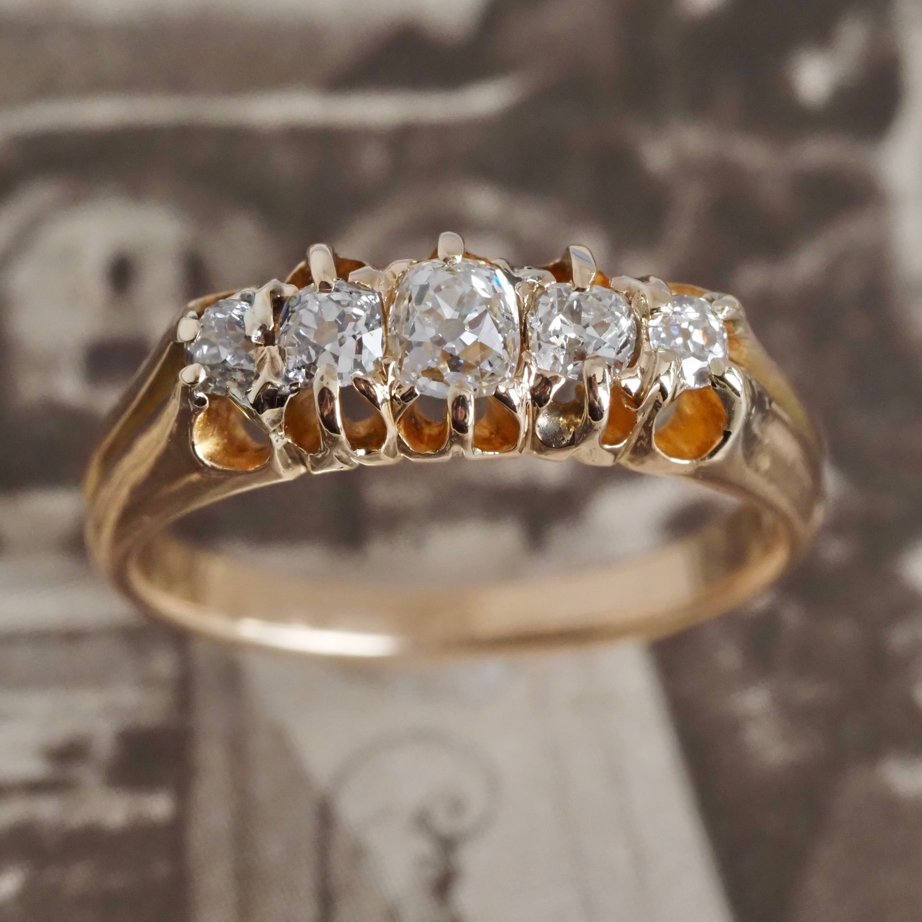 Antique c. 1890s Five Stone Cushion Old Mine Cut Diamond 14k Gold Engagement Ring