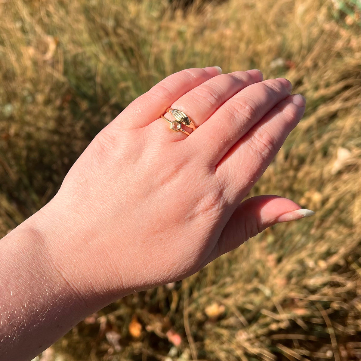 Rose Cut Diamond Hexagon 14k Gold Ring