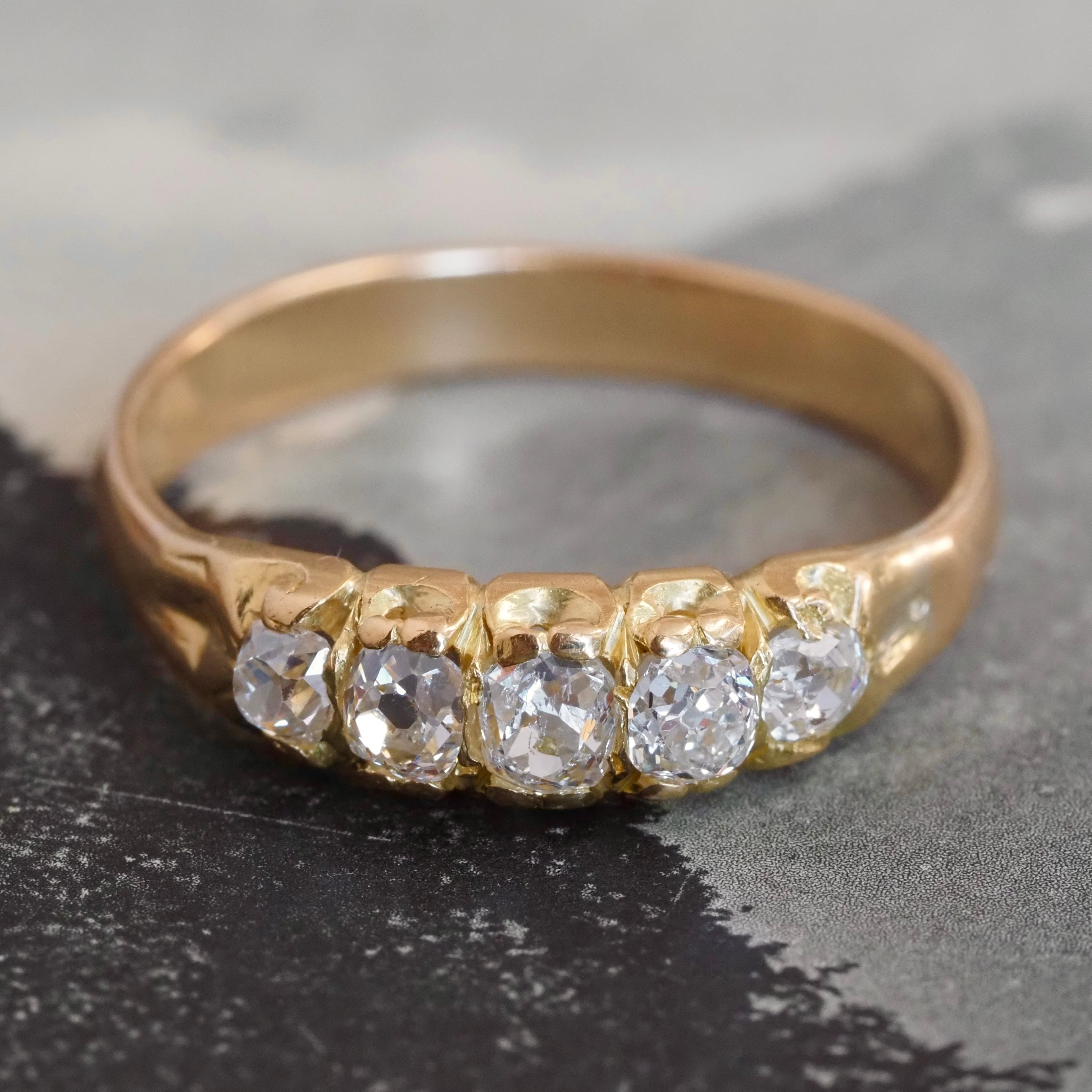 Antique Victorian 18k Gold Old Mine Cut and Single Cut Five Stone Half Hoop Diamond Ring