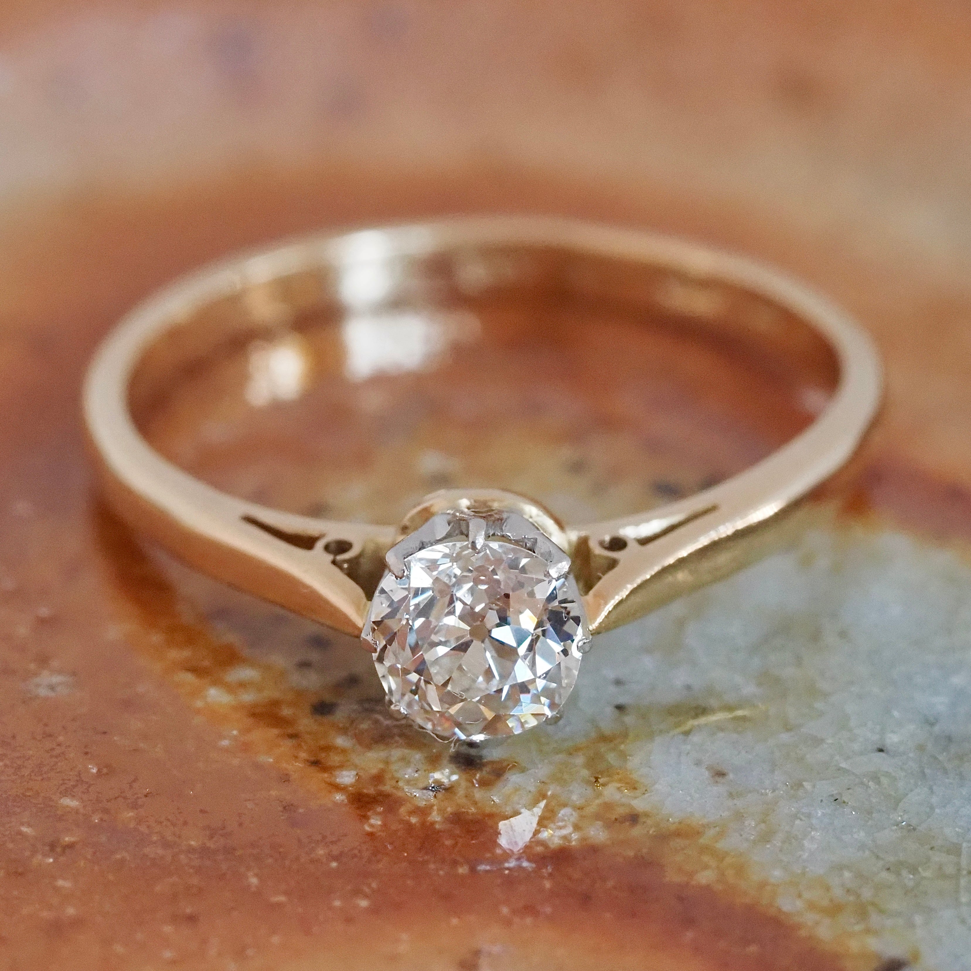 Antique 18k Gold and Platinum Old Mine Cut Diamond Solitaire Ring