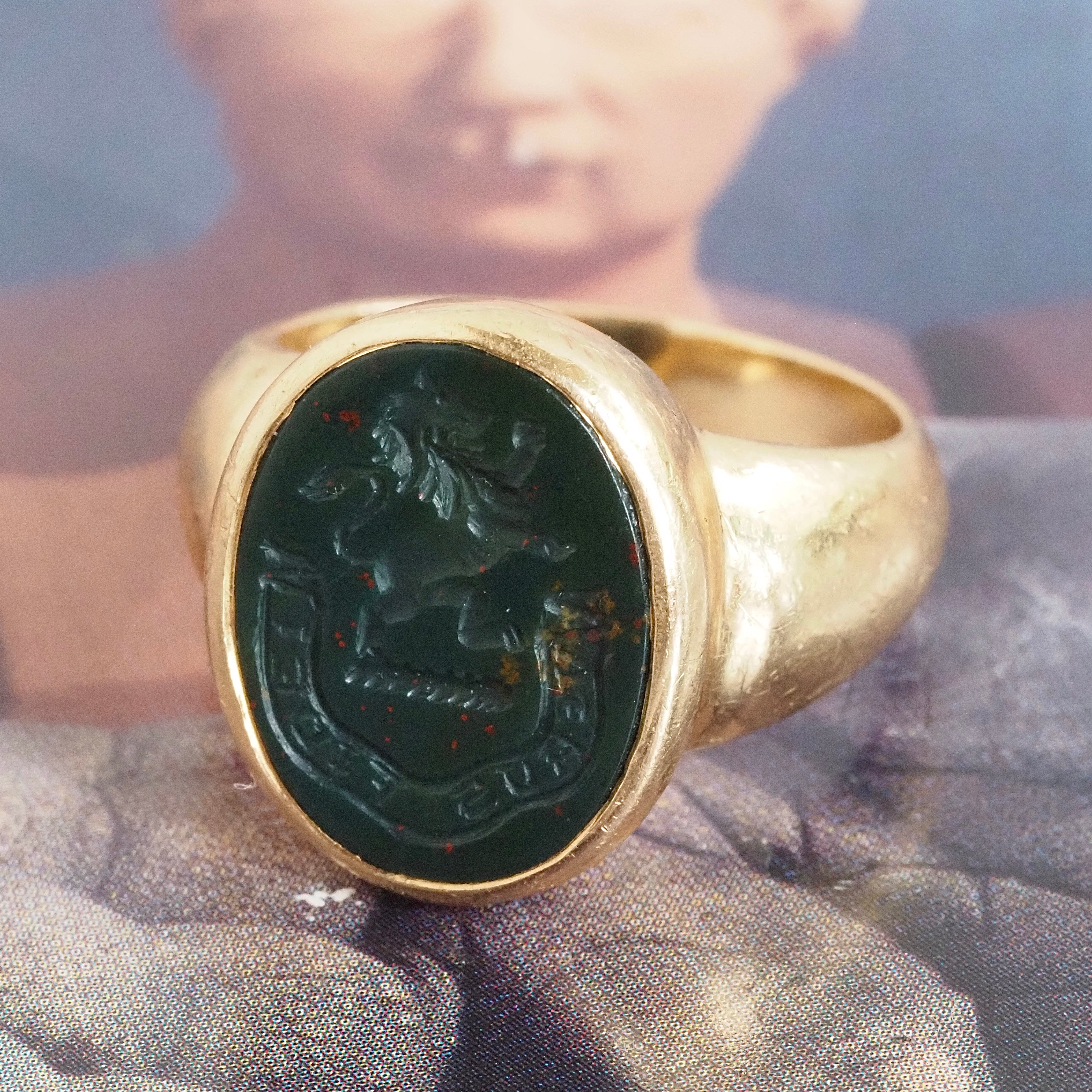 Antique Bloodstone Lion "Verus Fidelis" Intaglio 14k Gold Signet Ring