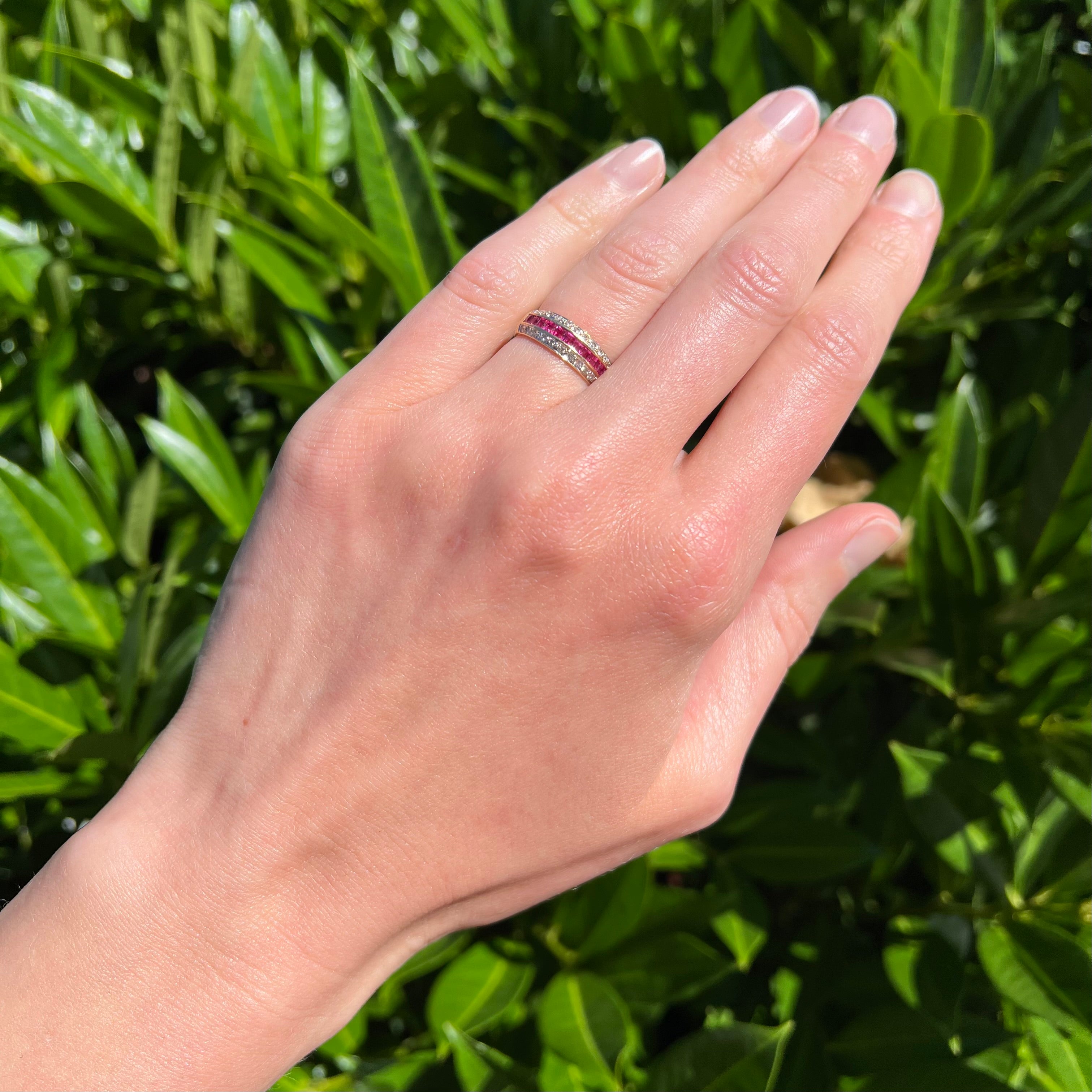 Vintage Channel Set Natural Princess Cut Ruby and Diamond 14k Gold Ring