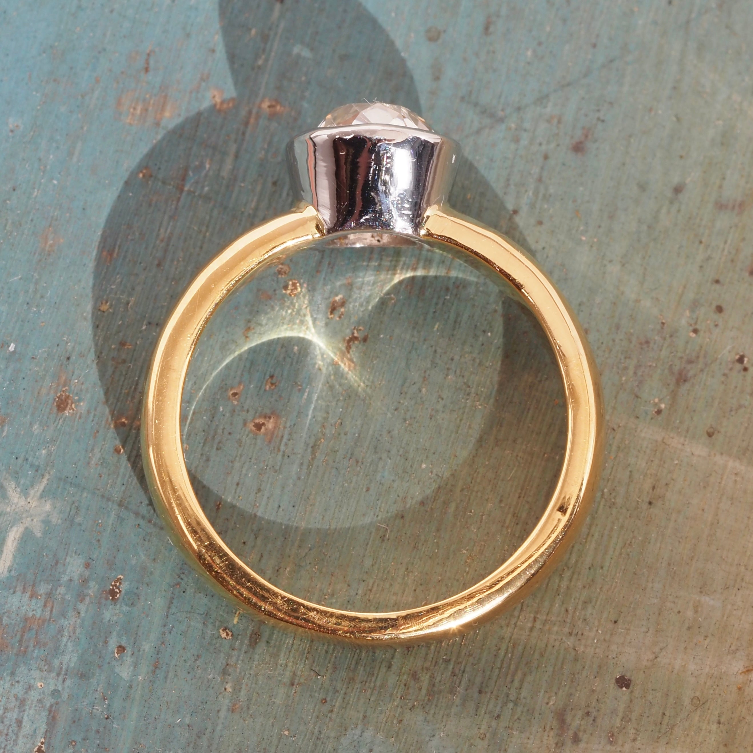 Vintage English 22k Gold Platinum Bezel Set 1.10ct Old Mine Cut Diamond Engagement Ring