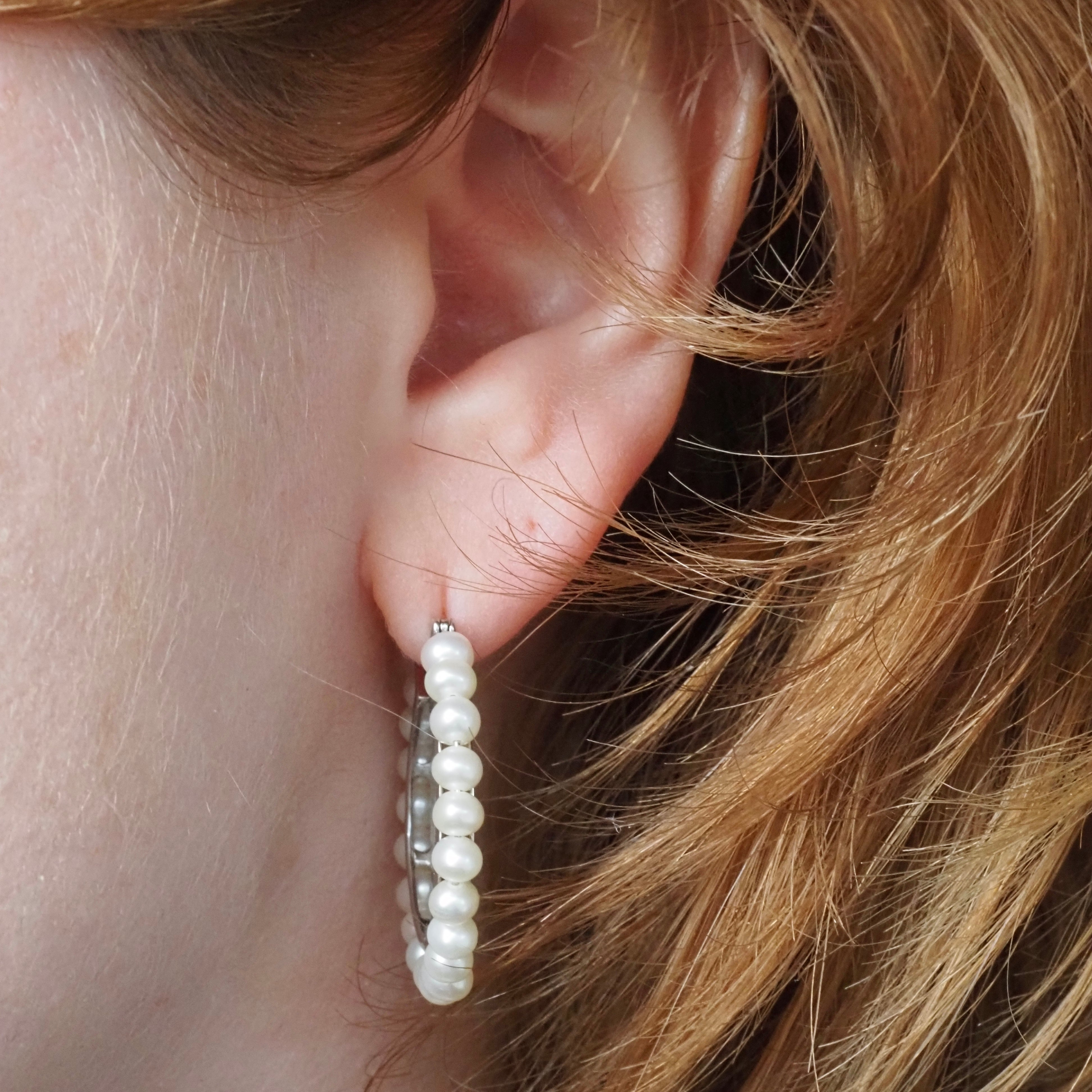 Vintage Pearl Sterling Silver Hoops