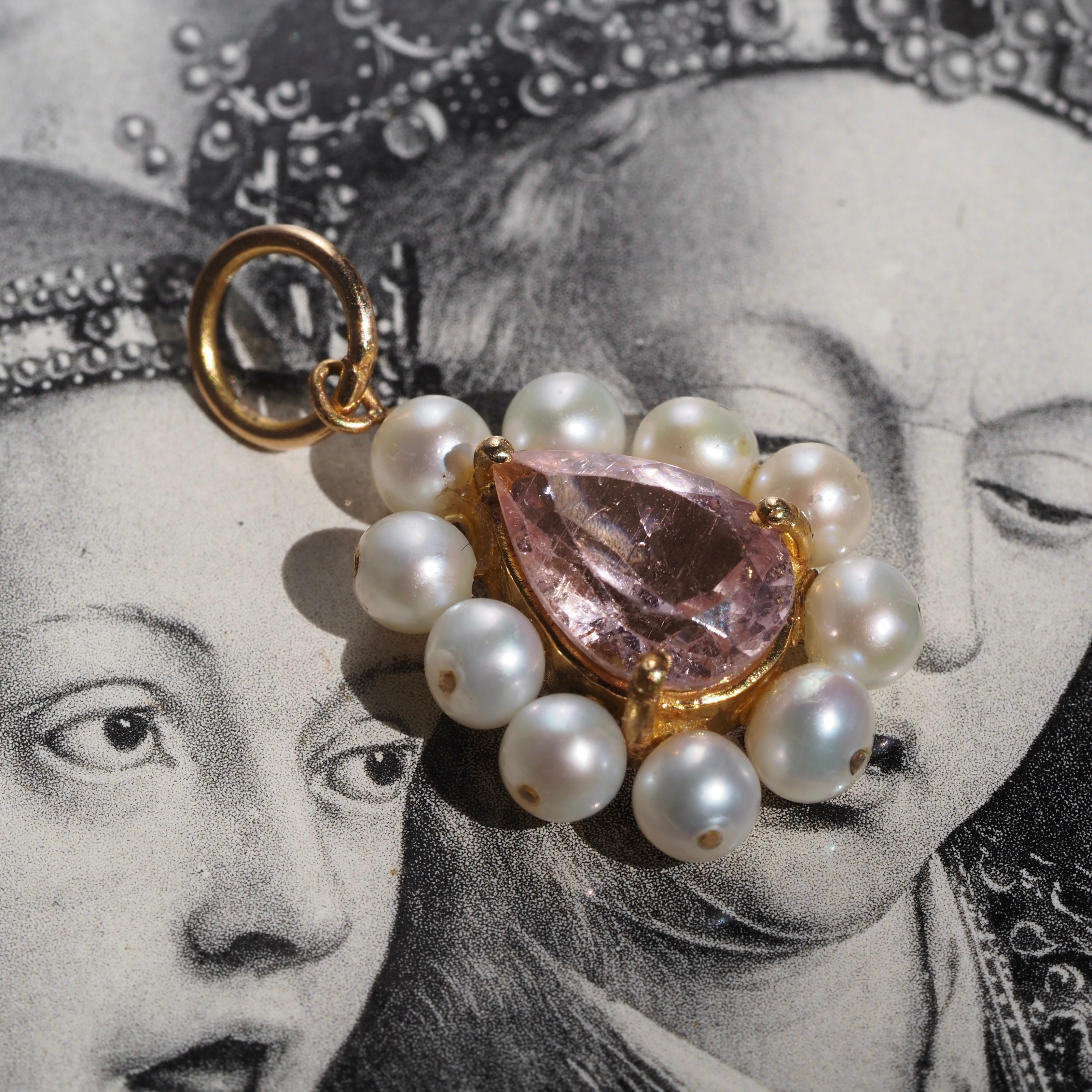 Vintage Pink Tourmaline Pearl 14k Gold Pendant