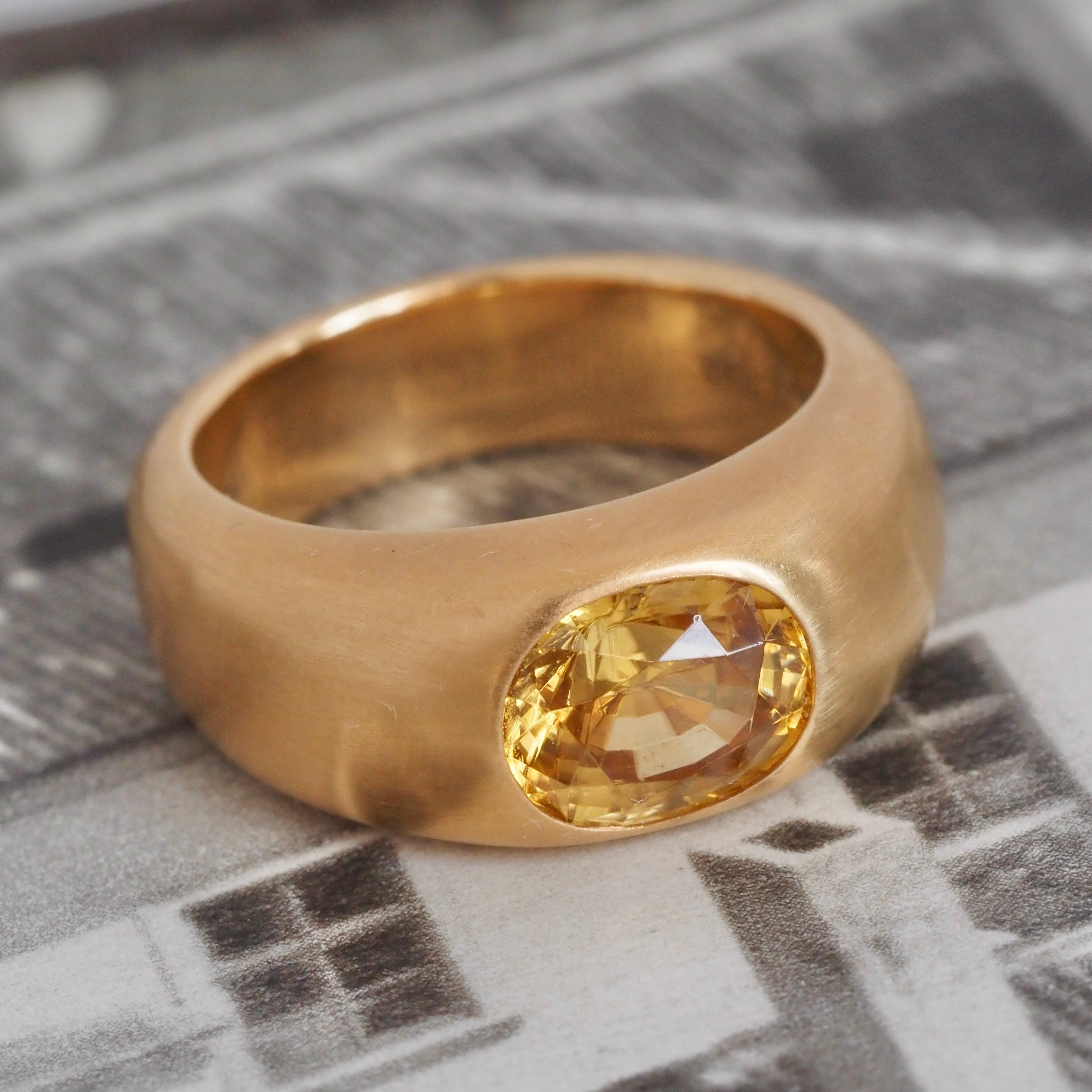 Natural Yellow Zircon Flush Set Brushed 18k Gold Dome Ring
