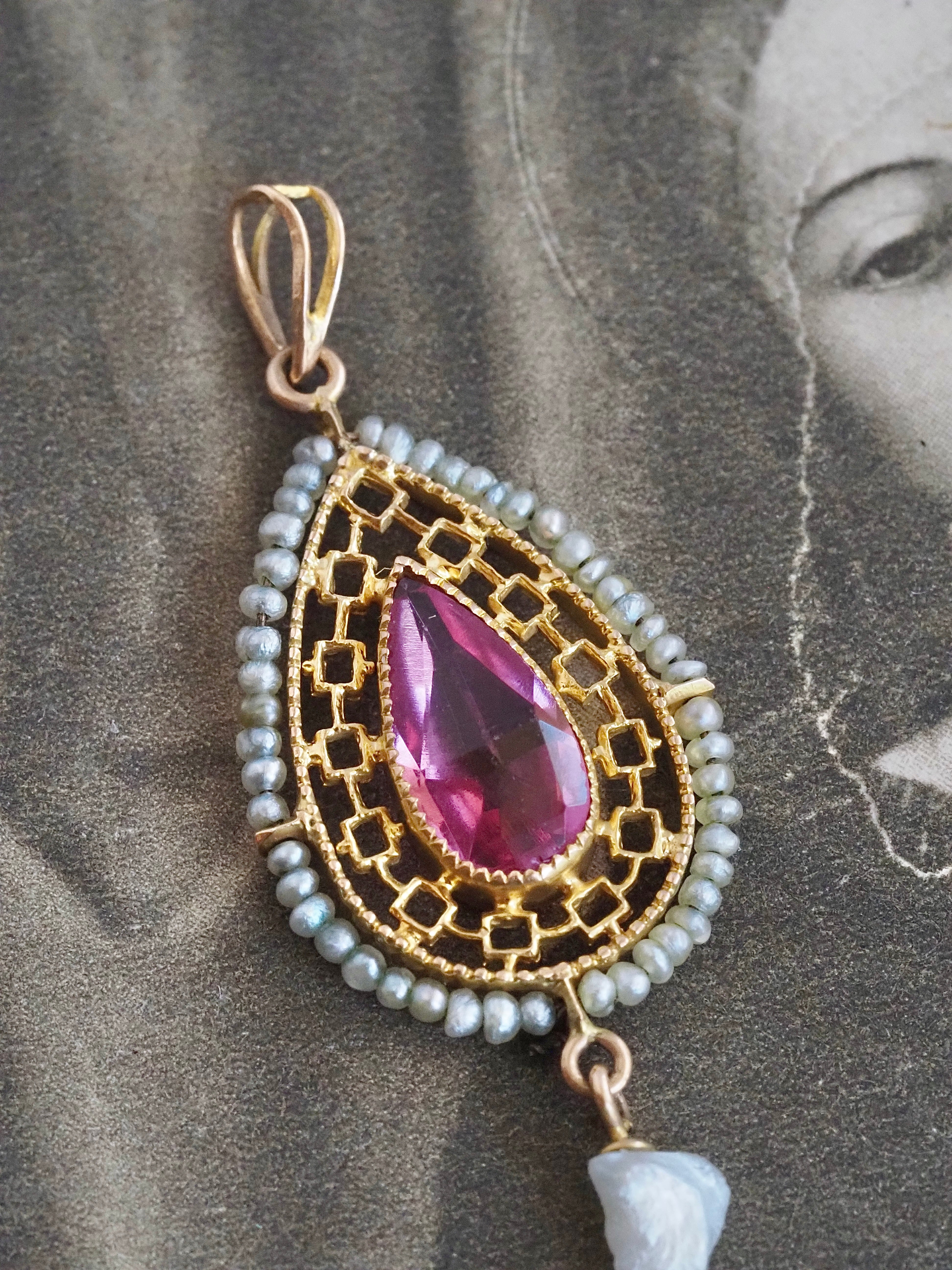 Antique 10k Gold Seed Pearl Tourmaline Lavalier Pendant