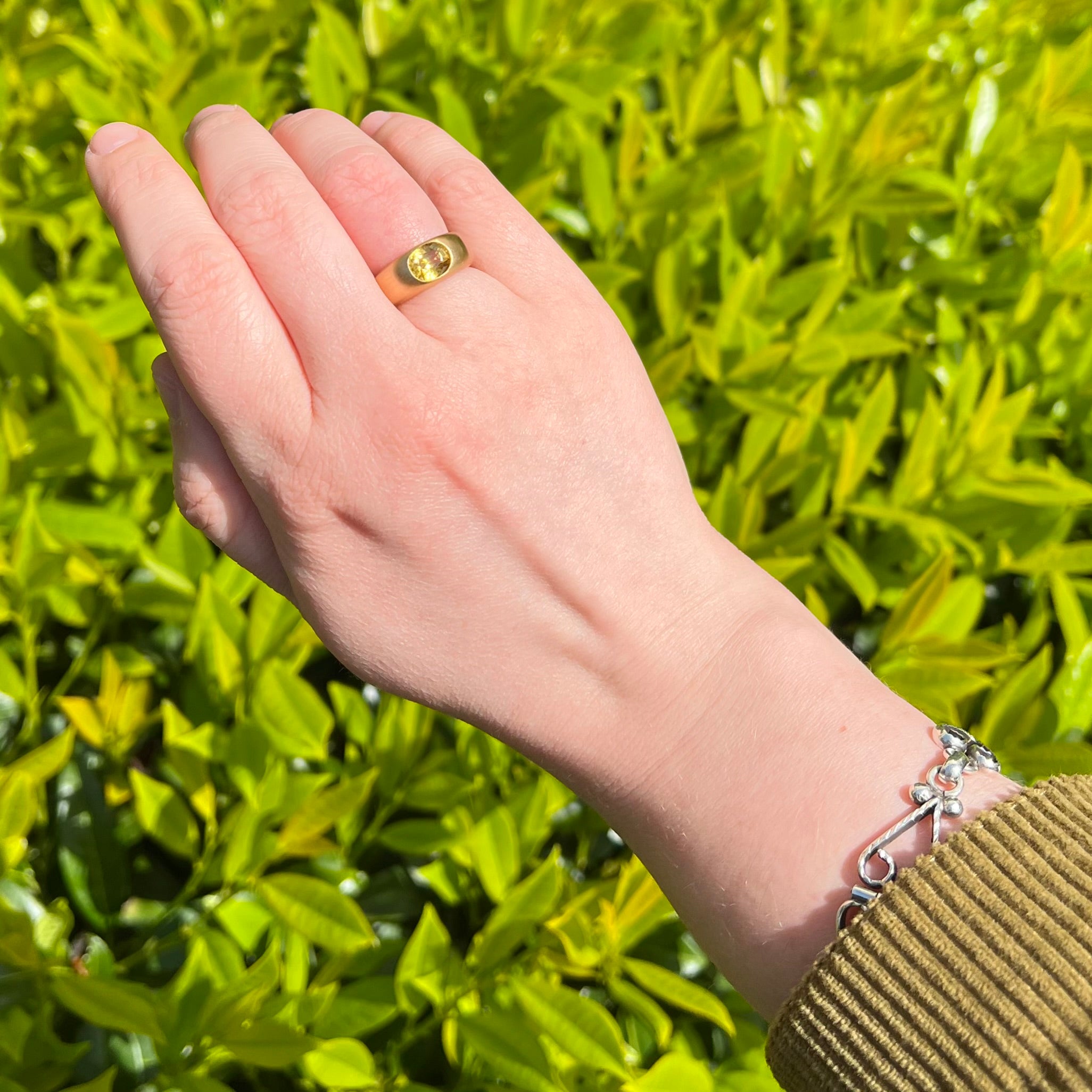 Natural Yellow Zircon Flush Set Brushed 18k Gold Dome Ring