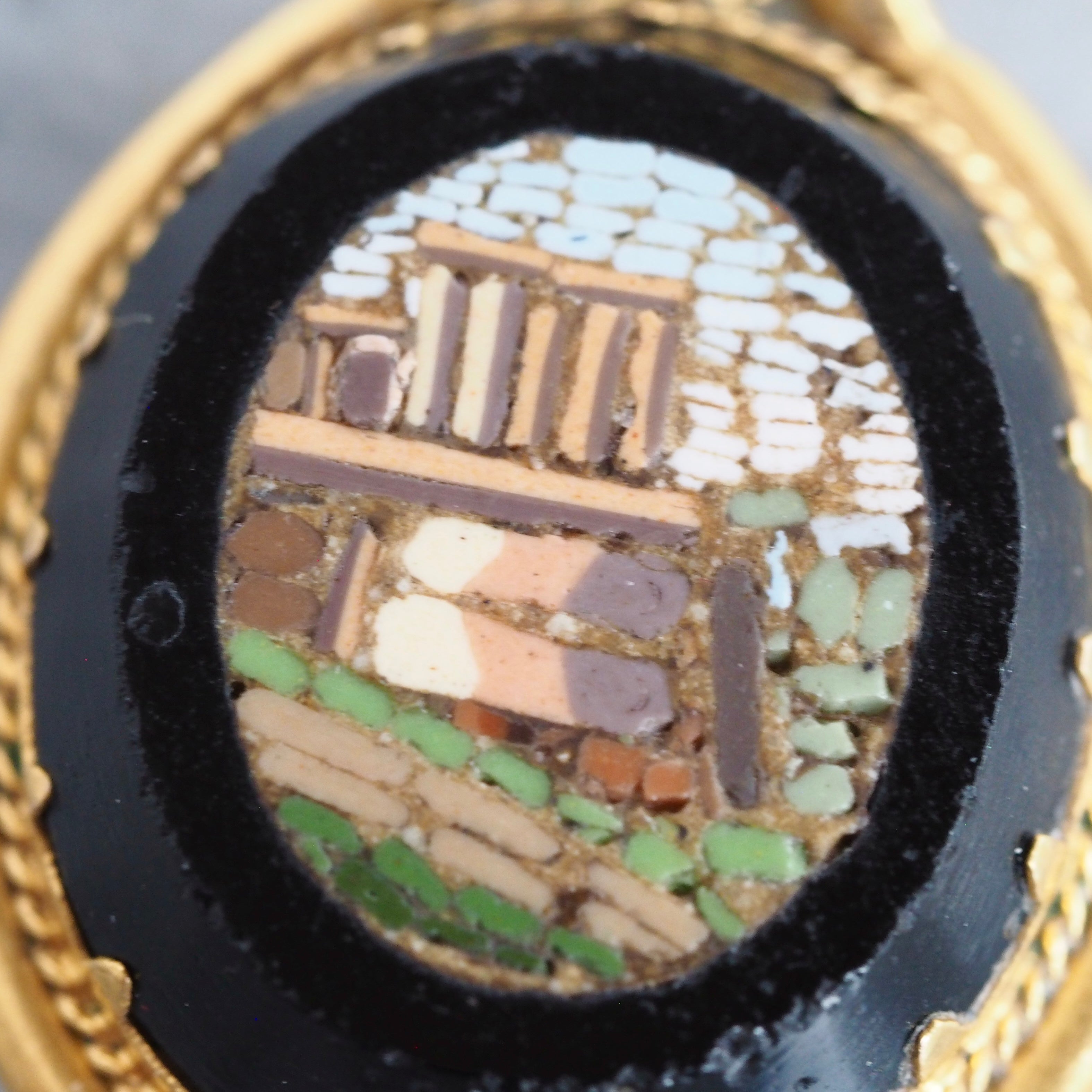 Antique Victorian Grand Tour 14k Gold Micro Mosaic Roman Ruins Pendant