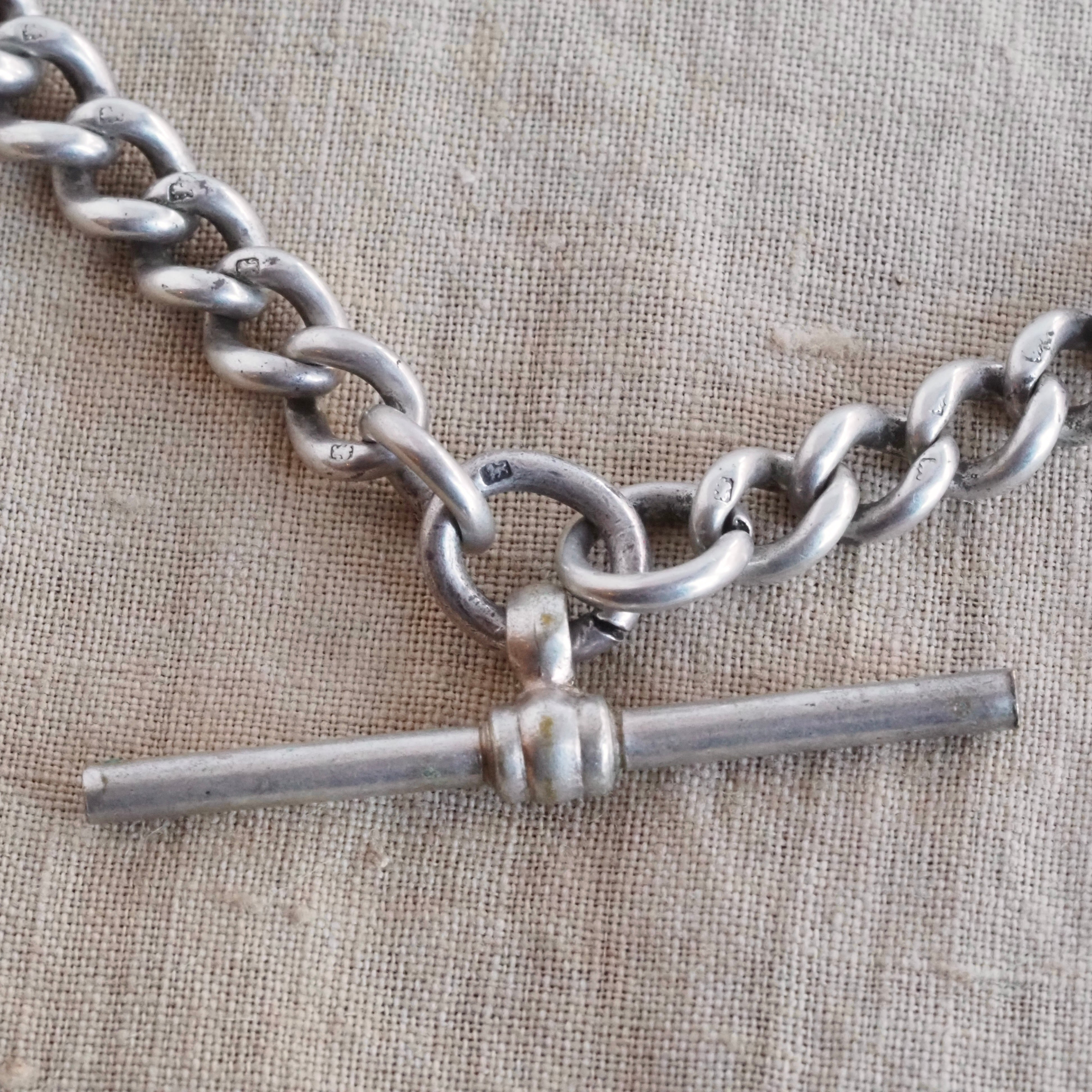 Antique English Sterling Silver Watch Chain Necklace With Graduated Links & T Bar