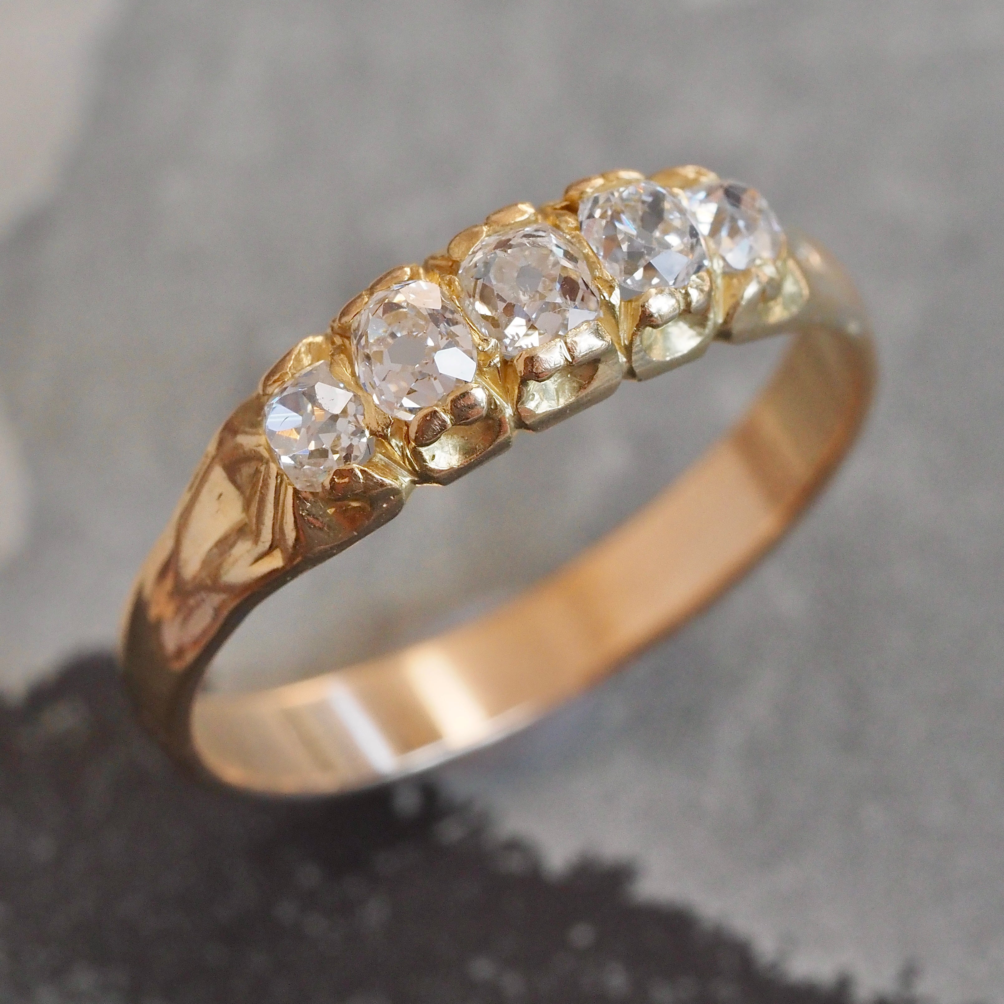 Antique Victorian 18k Gold Old Mine Cut and Single Cut Five Stone Half Hoop Diamond Ring