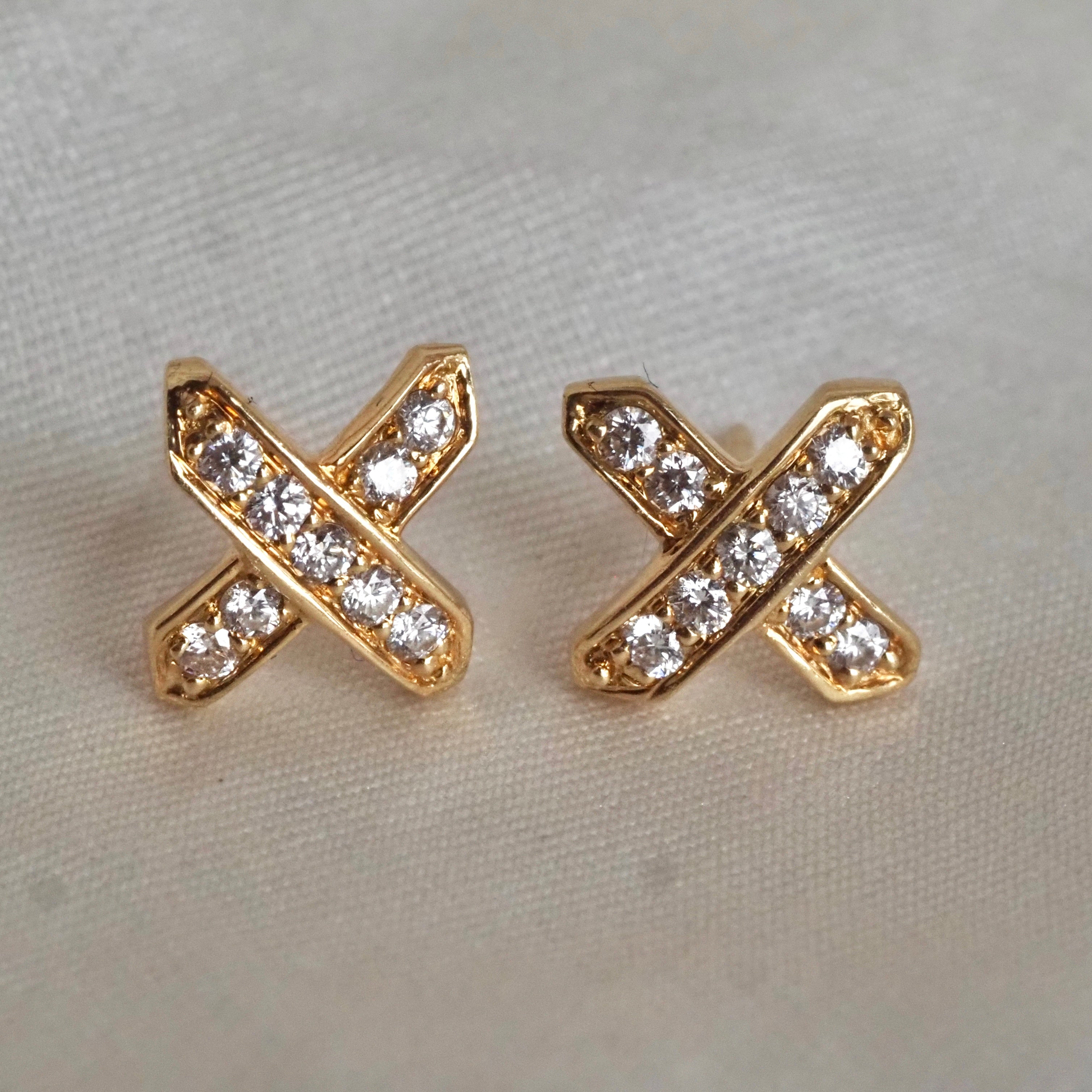 Vintage Diamond "X" 18k Gold Stud Earrings