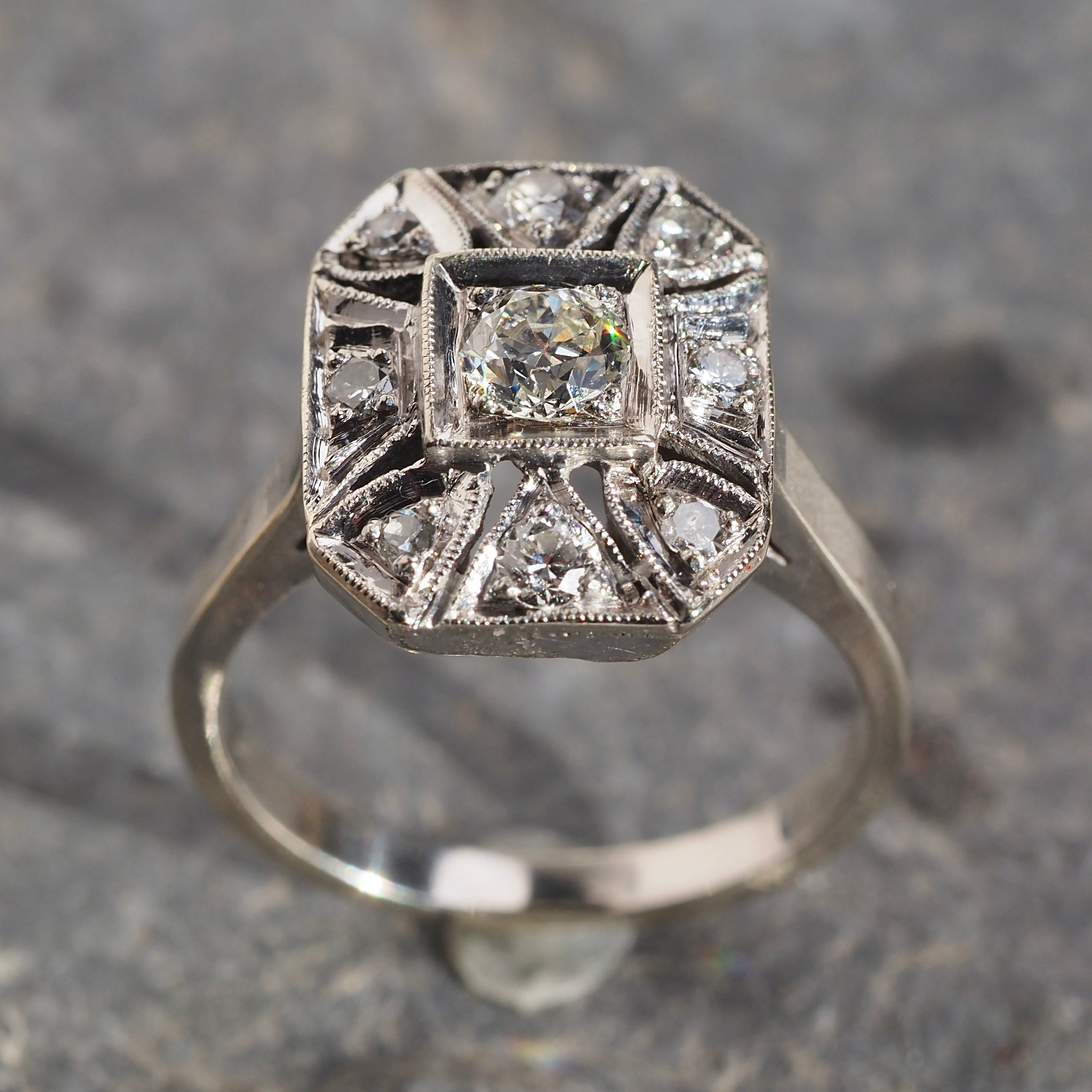 Late Art Deco Old European Cut Diamond Shield Cluster 14k White Gold Ring