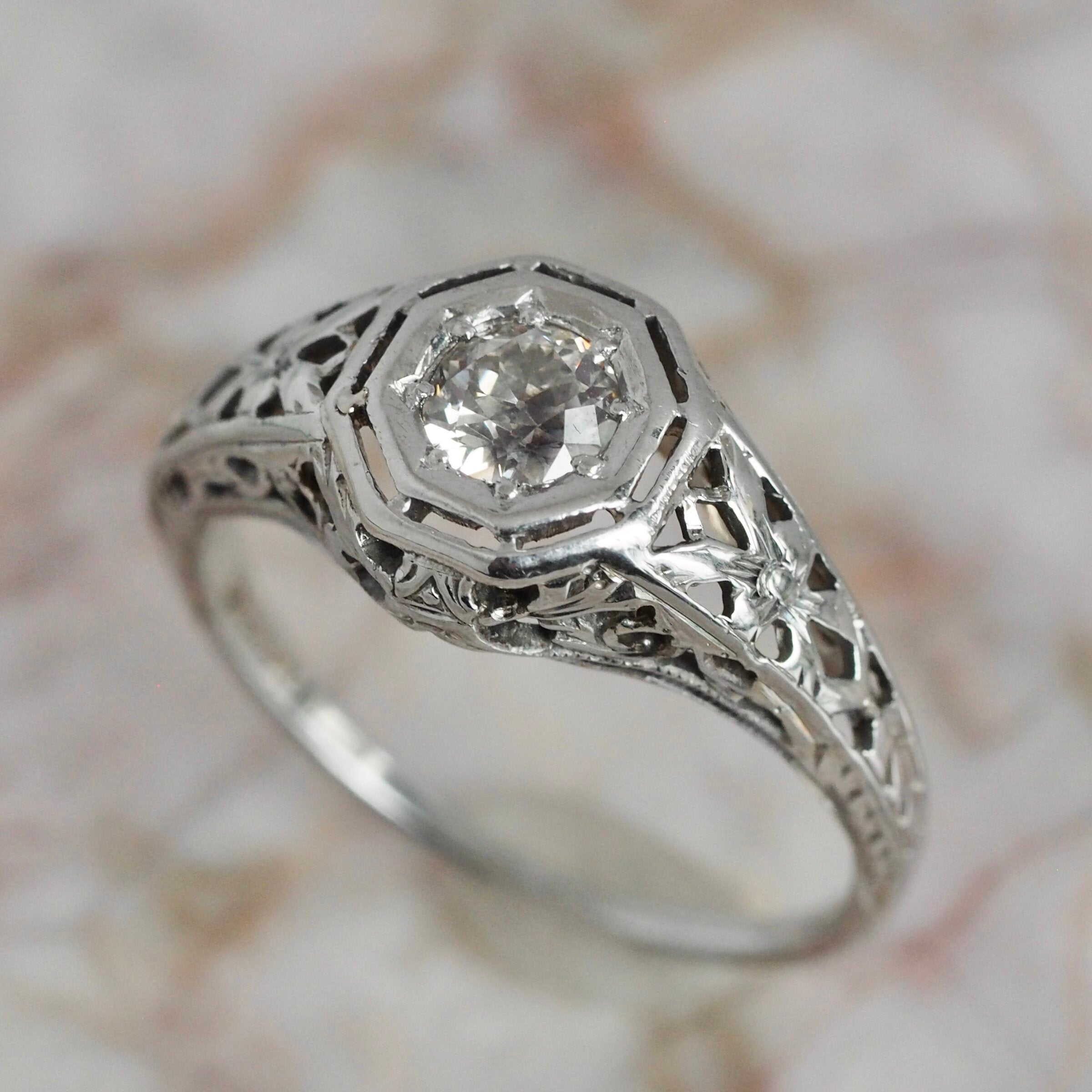 Art Deco 18k White Gold Old European Cut Diamond Solitaire Ring