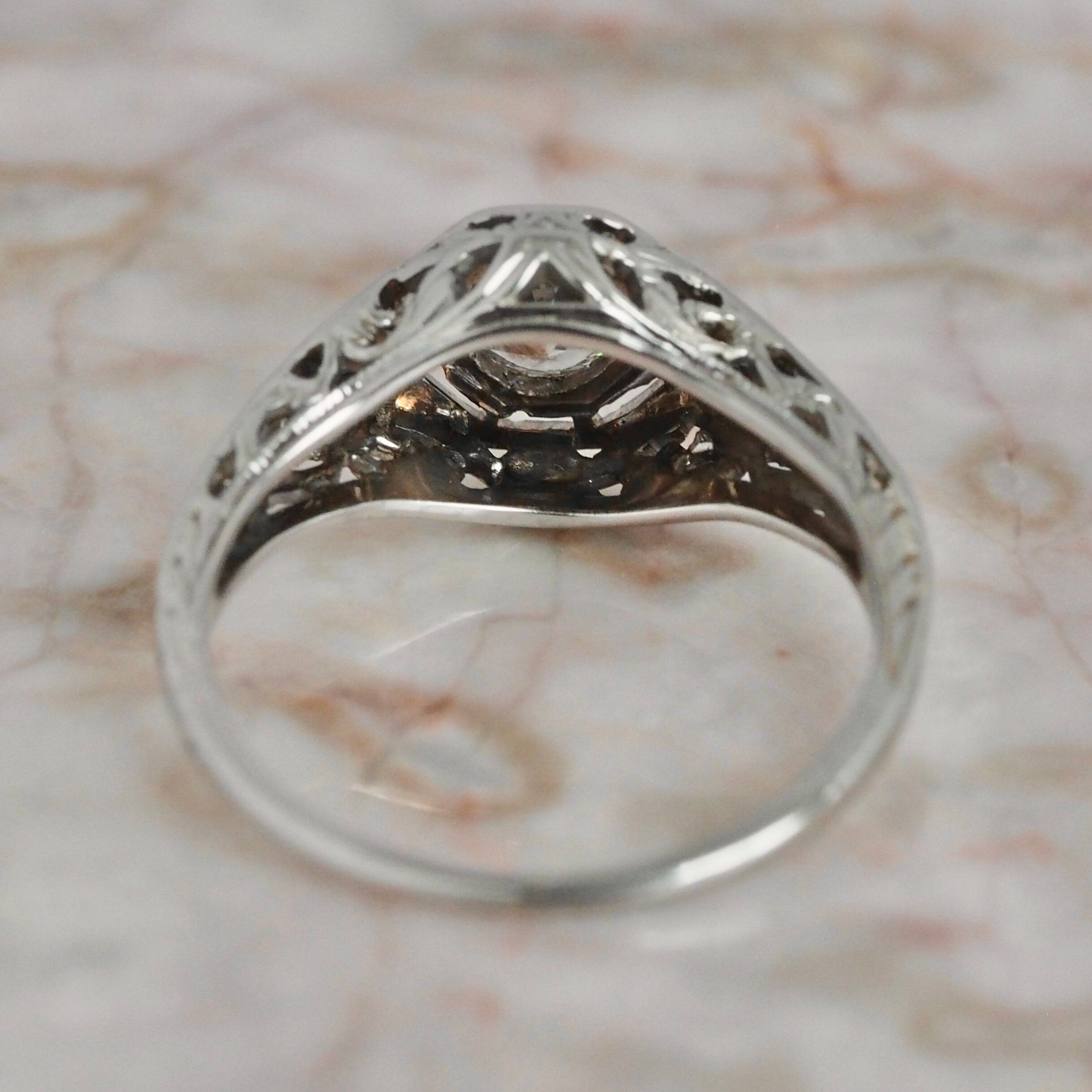 Art Deco 18k White Gold Old European Cut Diamond Solitaire Ring