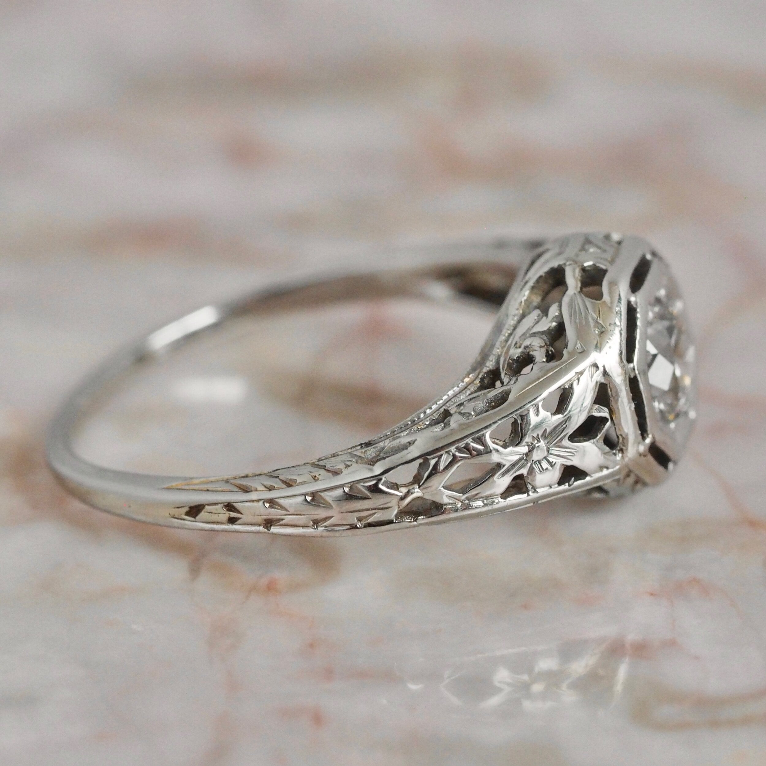 Art Deco 18k White Gold Old European Cut Diamond Solitaire Ring