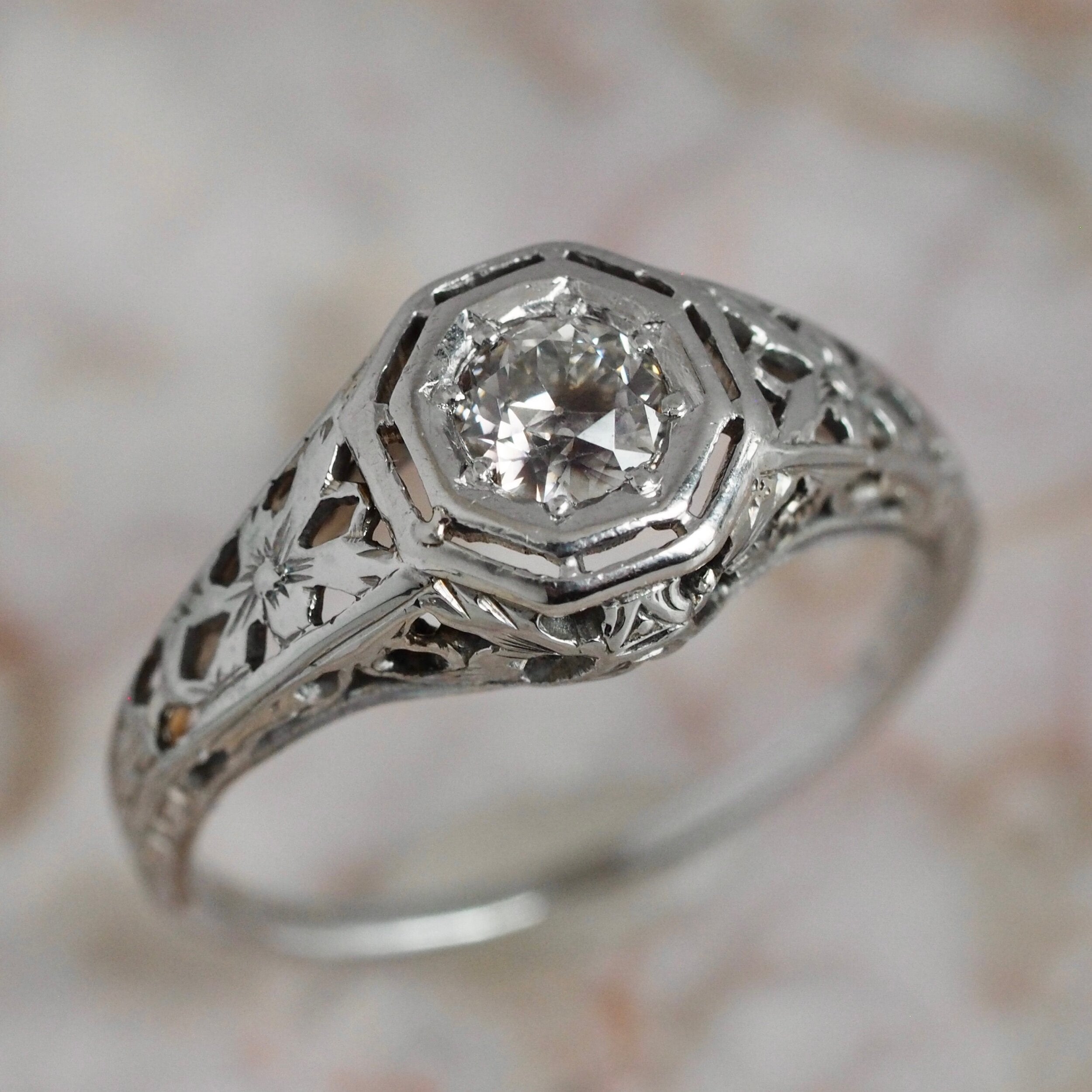 Art Deco 18k White Gold Old European Cut Diamond Solitaire Ring