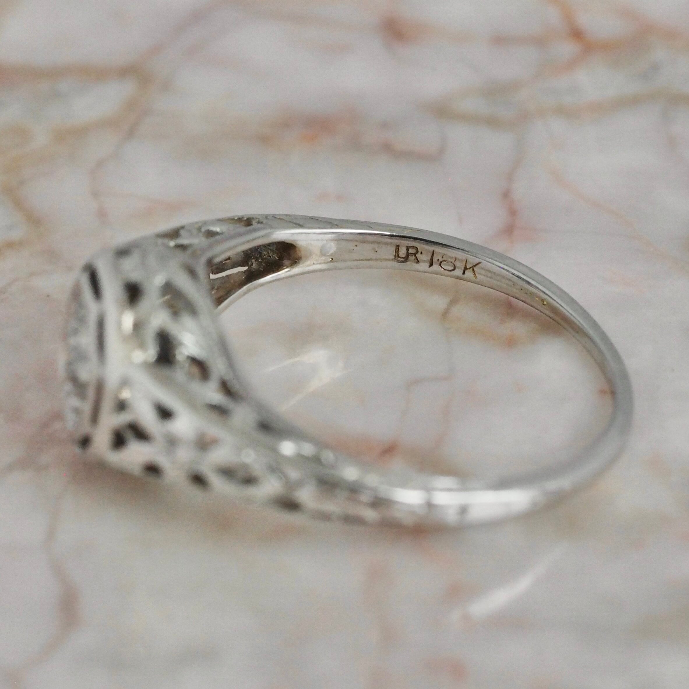 Art Deco 18k White Gold Old European Cut Diamond Solitaire Ring