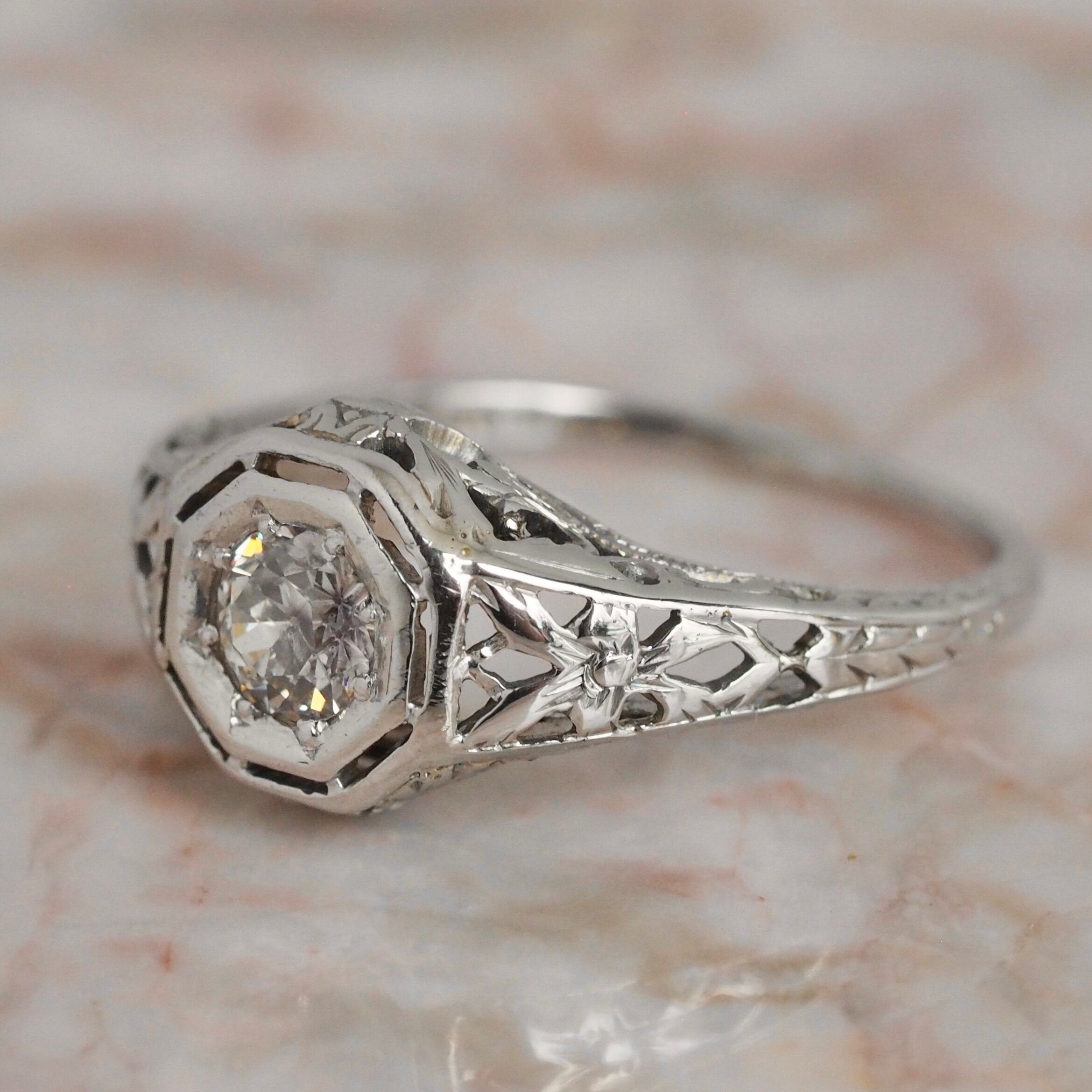 Art Deco 18k White Gold Old European Cut Diamond Solitaire Ring