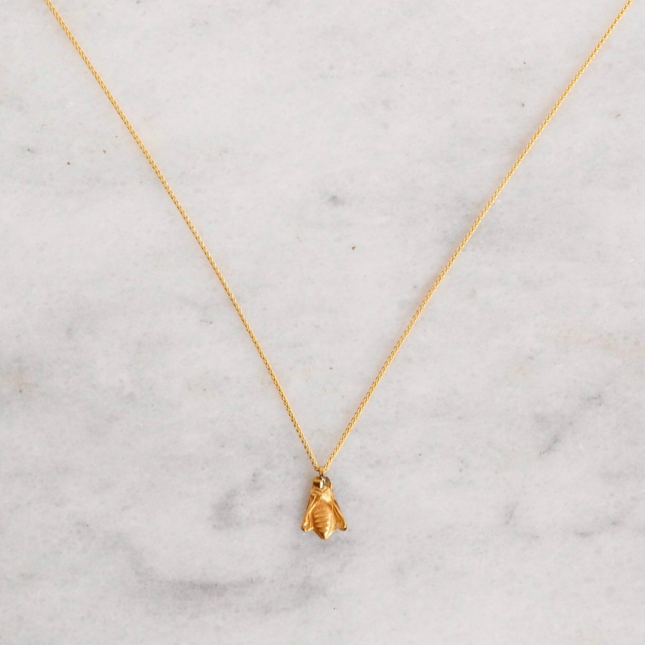 Ancient 18k Gold Bee on 10k Gold Wheat Chain Necklace