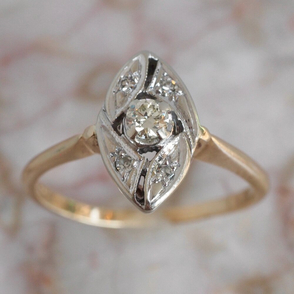 Antique Art Deco 14k Gold Diamond Navette Ring