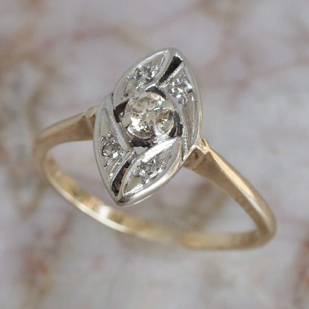 Antique Art Deco 14k Gold Diamond Navette Ring