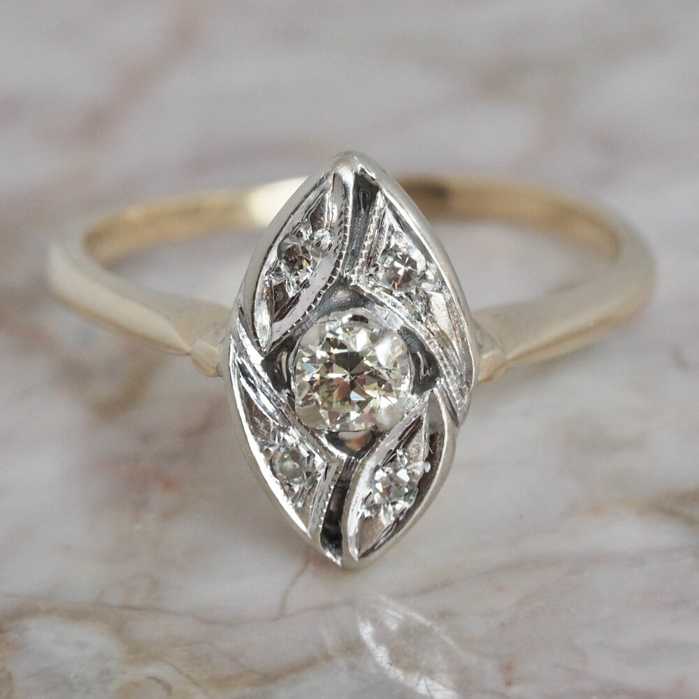 Antique Art Deco 14k Gold Diamond Navette Ring