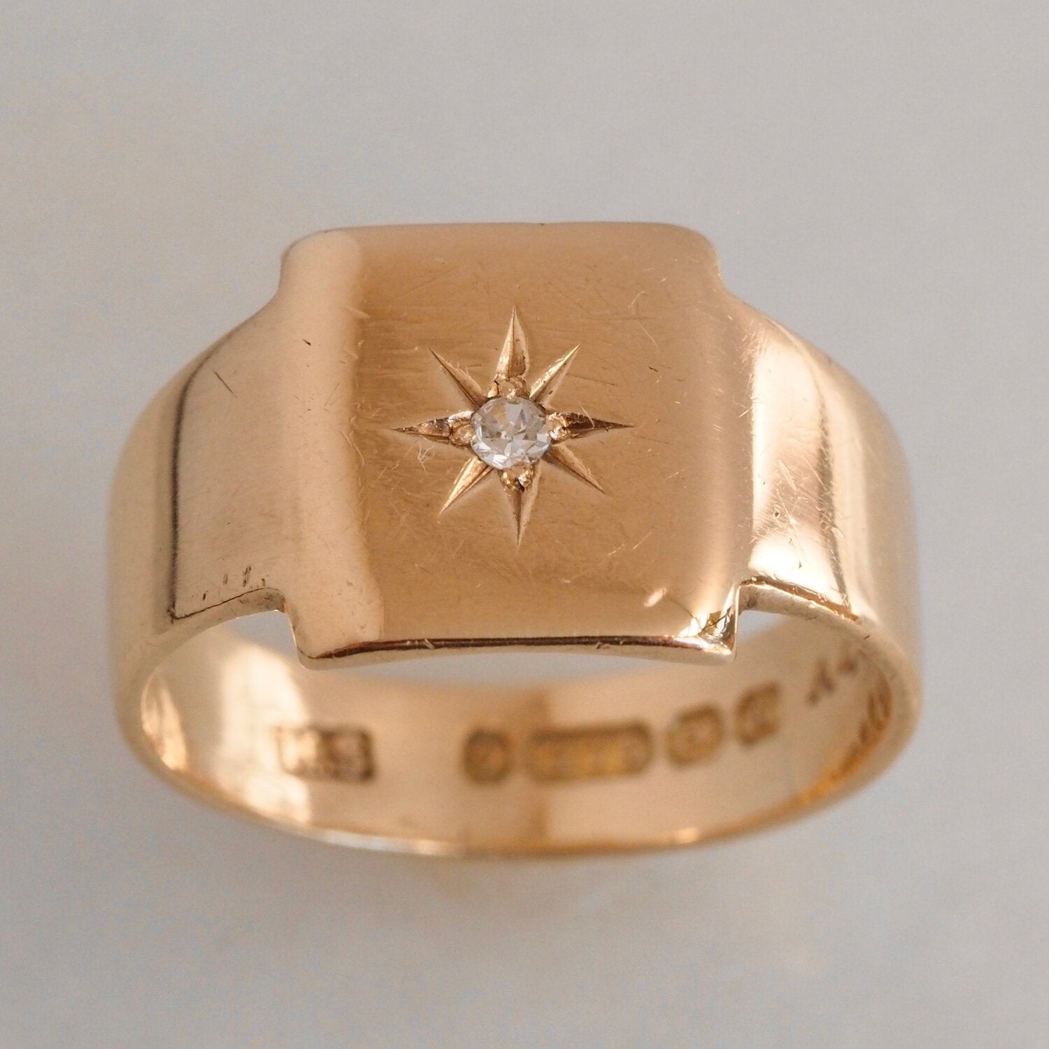 Antique English 9k Gold Square Flush Set Diamond Starburst Ring