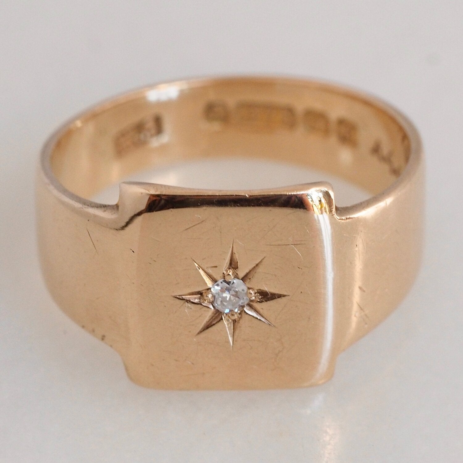 Antique English 9k Gold Square Flush Set Diamond Starburst Ring