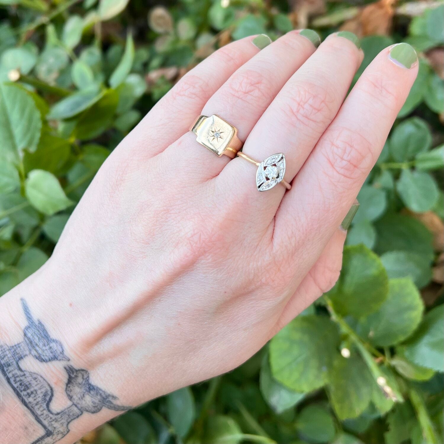 Antique English 9k Gold Square Flush Set Diamond Starburst Ring
